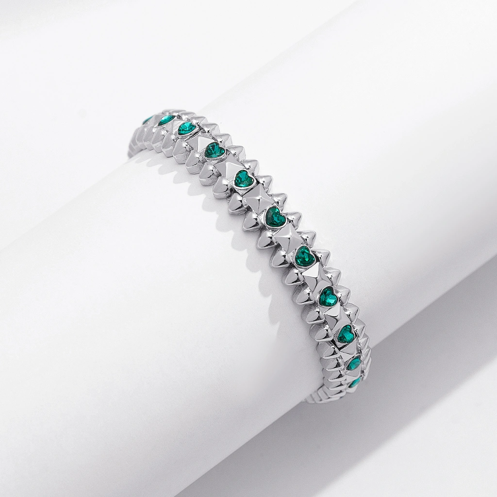 Silverfärgat armband Spike Noir, gröna hjärtan - Elastiskt