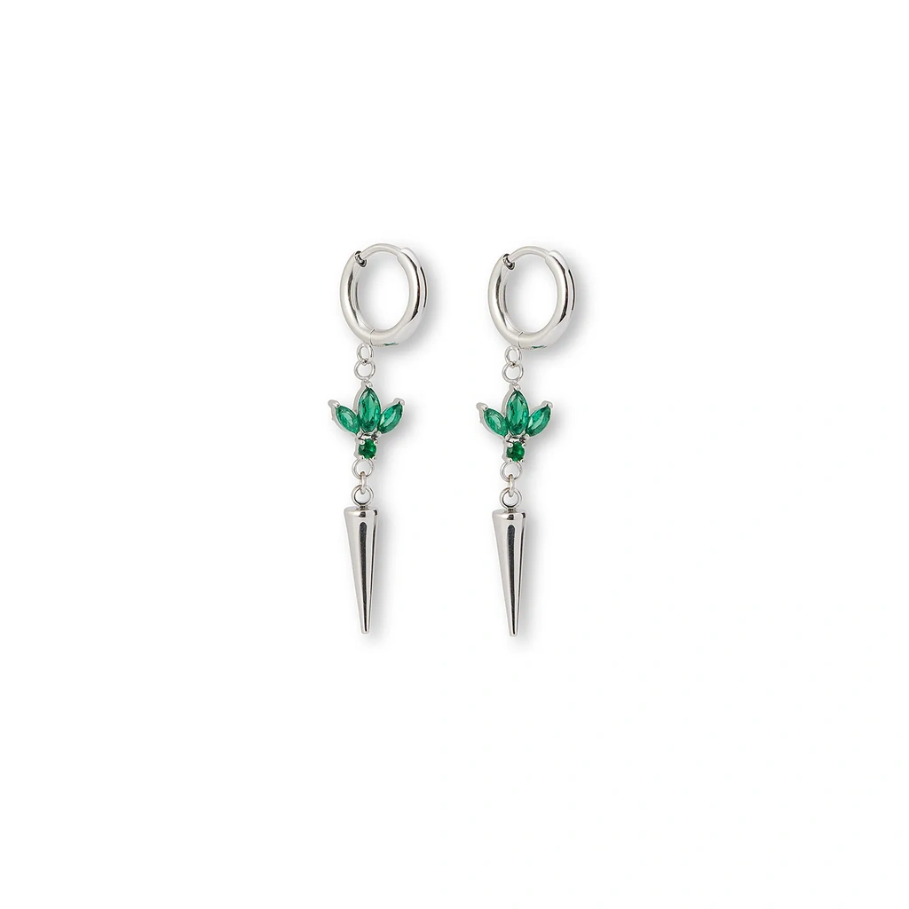 Silverfärgade örhängen creoler, gröna stenar & spike - 4 cm
