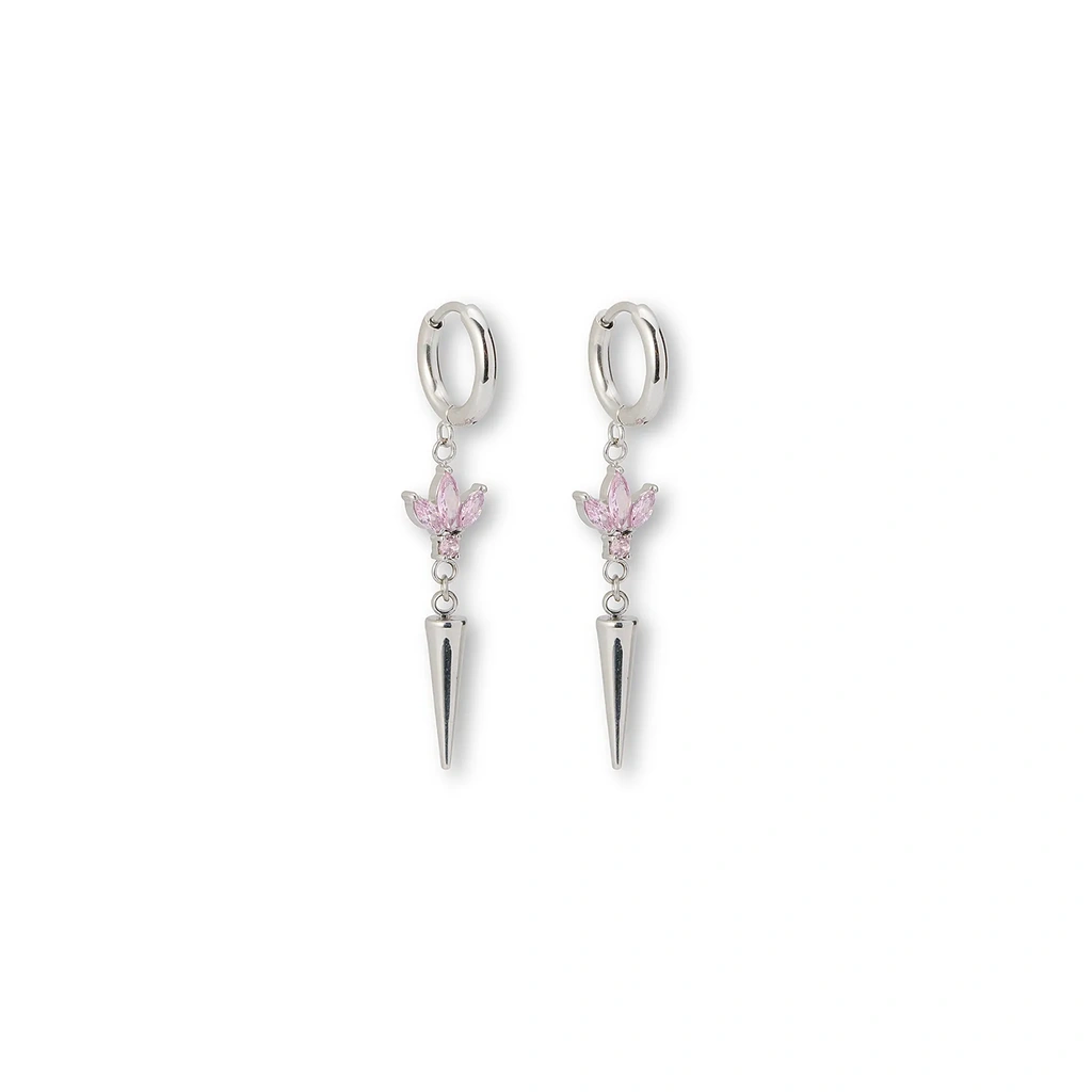 Silverfärgade örhängen creoler, rosa stenar & spike - 4 cm