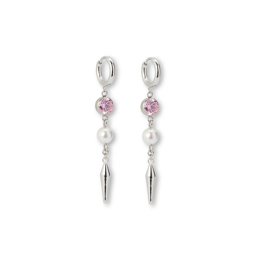 Silverfärgade örhängen creoler, rosa sten & spike - 6 cm