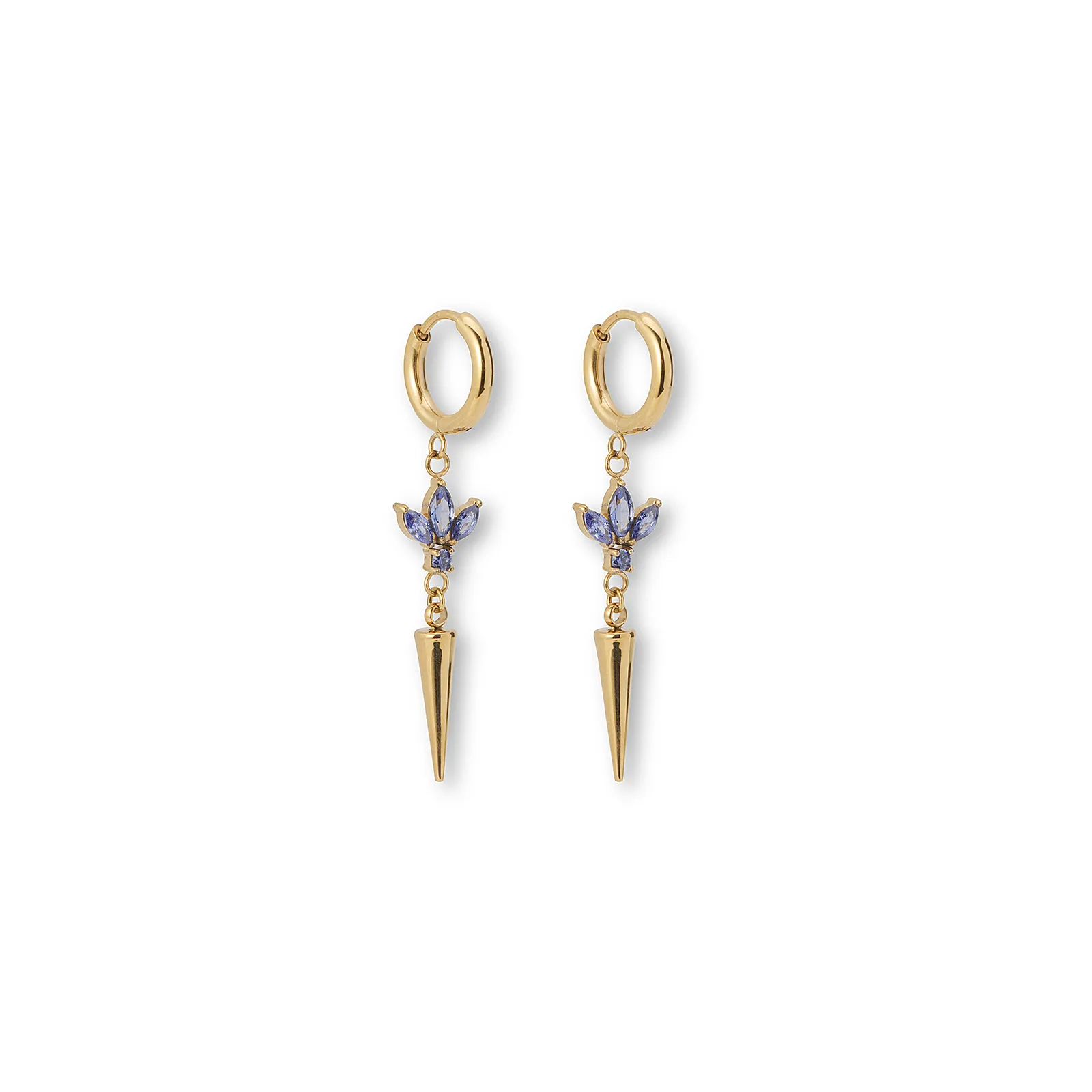 Guldfärgade örhängen creol, marquise blå stenar & spike - 4 cm