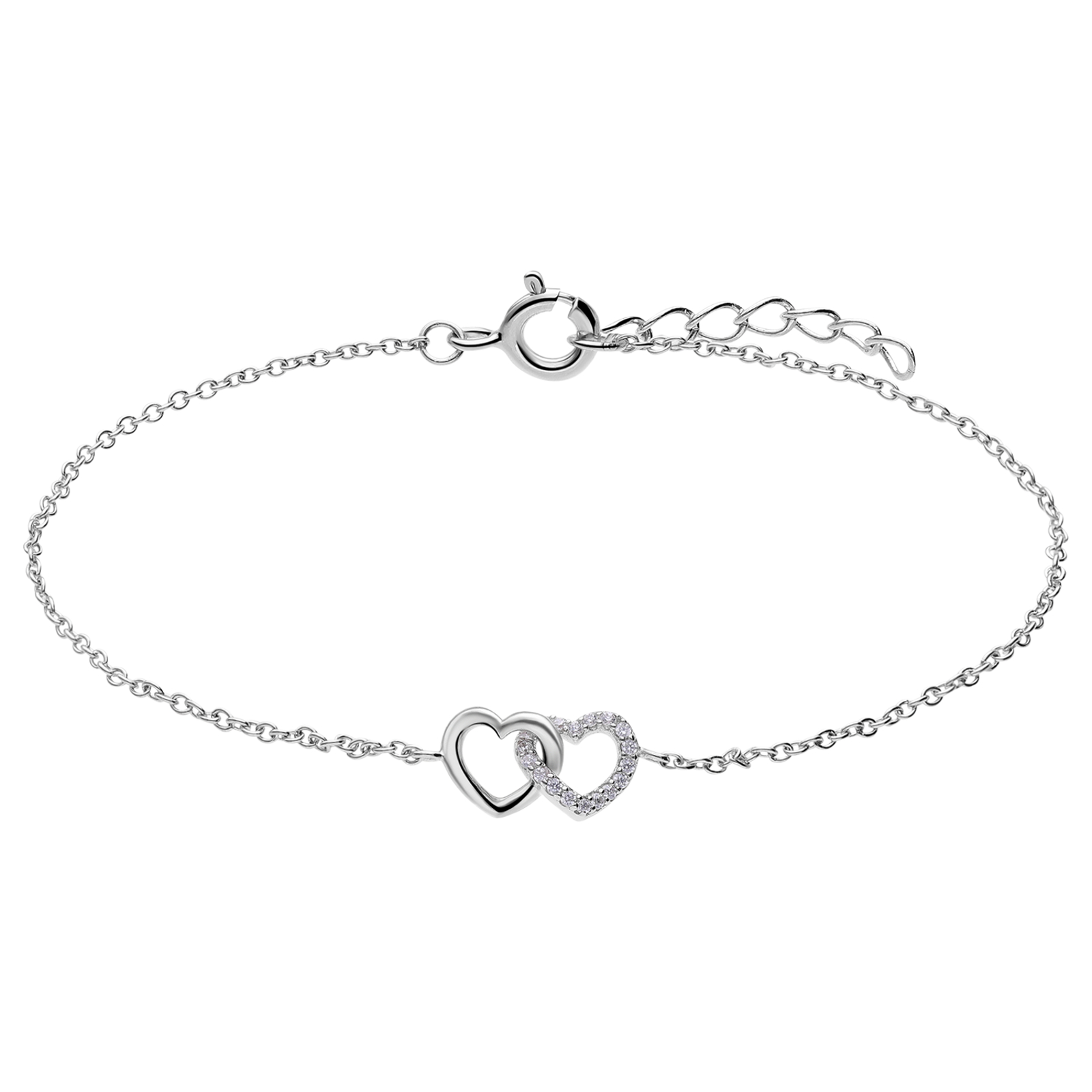 Rhodiumpläterat silverarmband, hjärtan med kubisk zirkonia - 16+2 cm