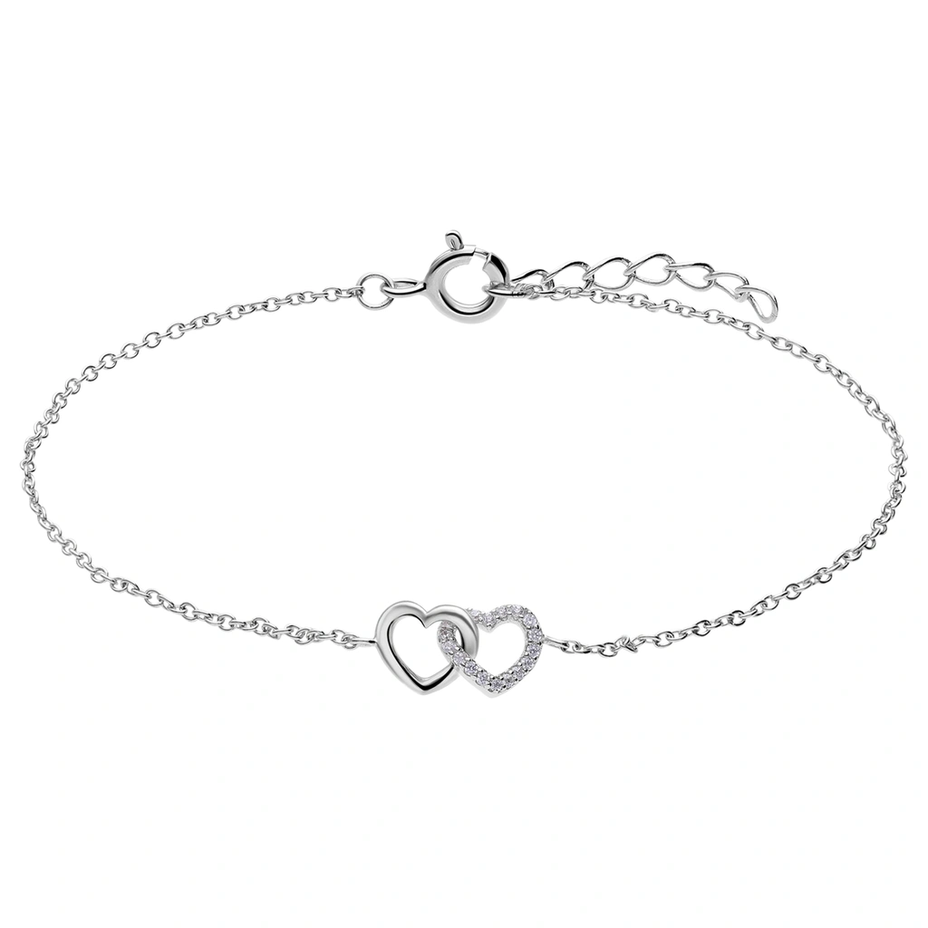 Rhodiumpläterat silverarmband, hjärtan med kubisk zirkonia - 16+2 cm