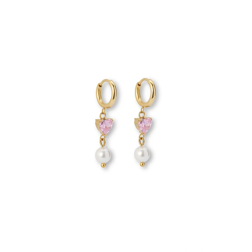 Guldfärgade örhängen creoler, rosa hjärta & pärla - 3,2 cm