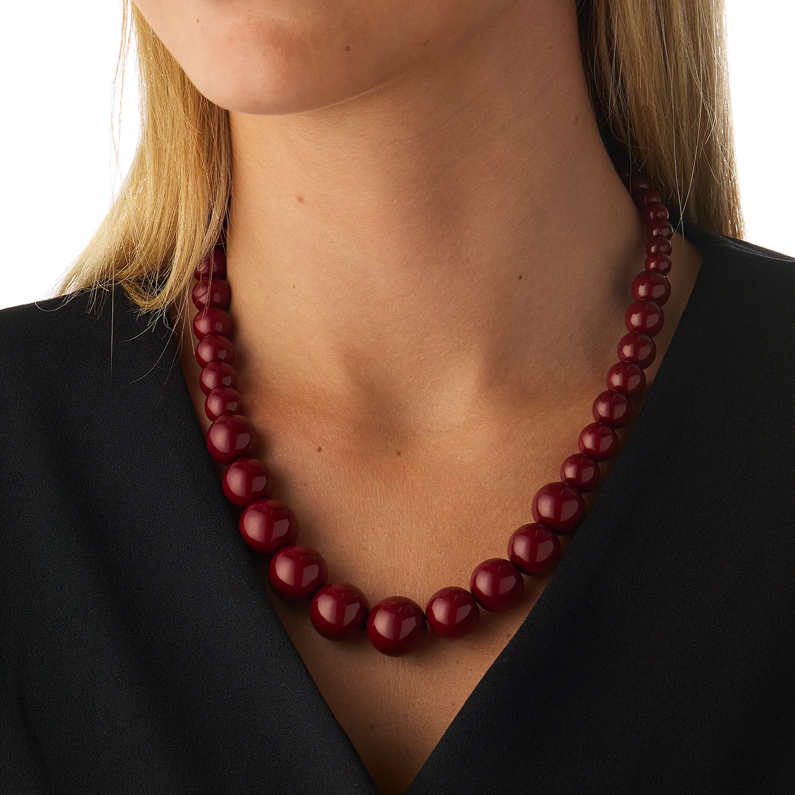 Guldfärgat halsband, vinröda pärlor - 42+5 cm