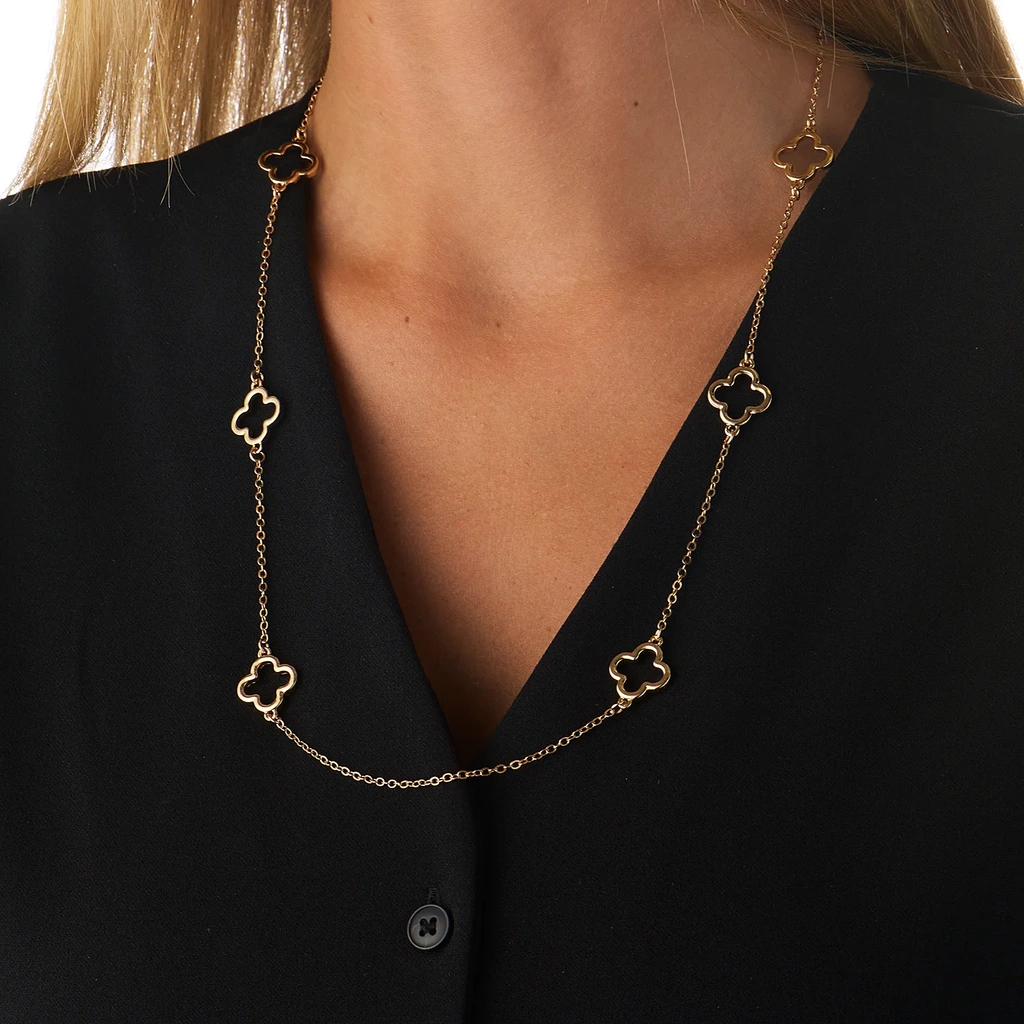 Guldfärgat halsband, klöverdetaljer - 67+5 cm