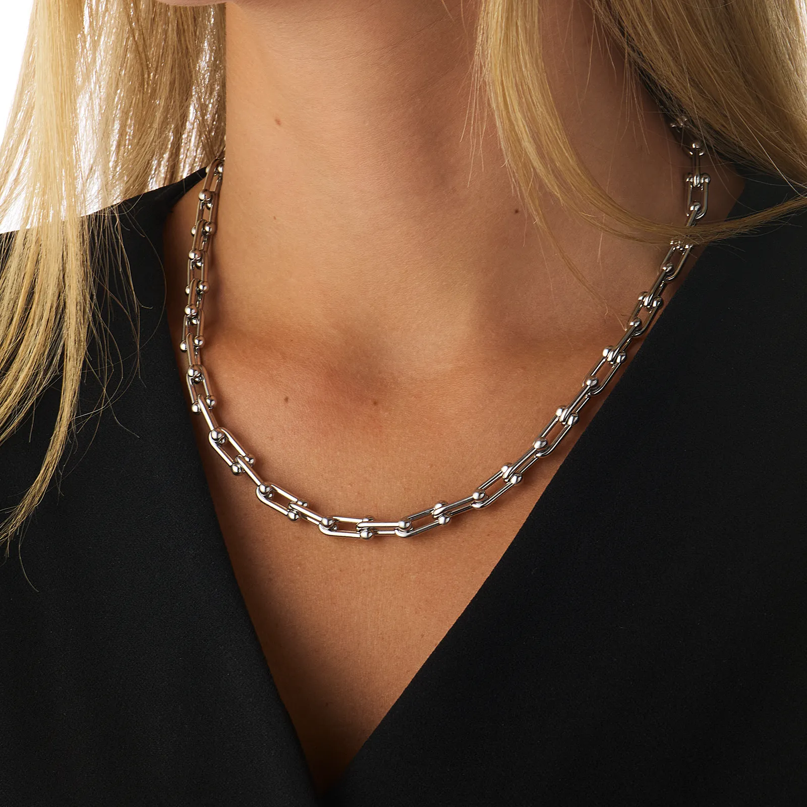 Silverfärgat halsband, kedja med u-länkar - 42+7 cm
