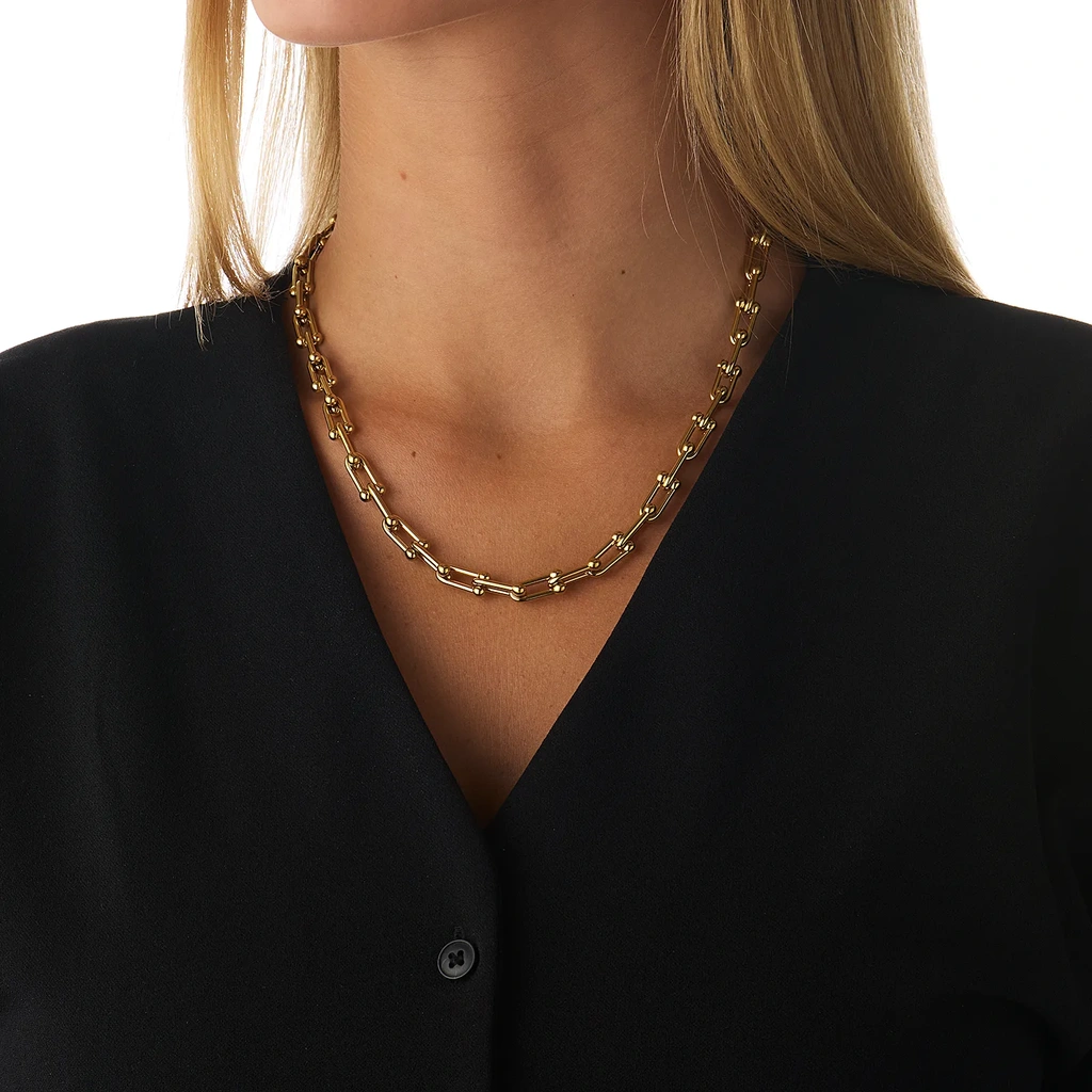 Guldfärgat halsband, hästskoformade länkar - 42+7 cm