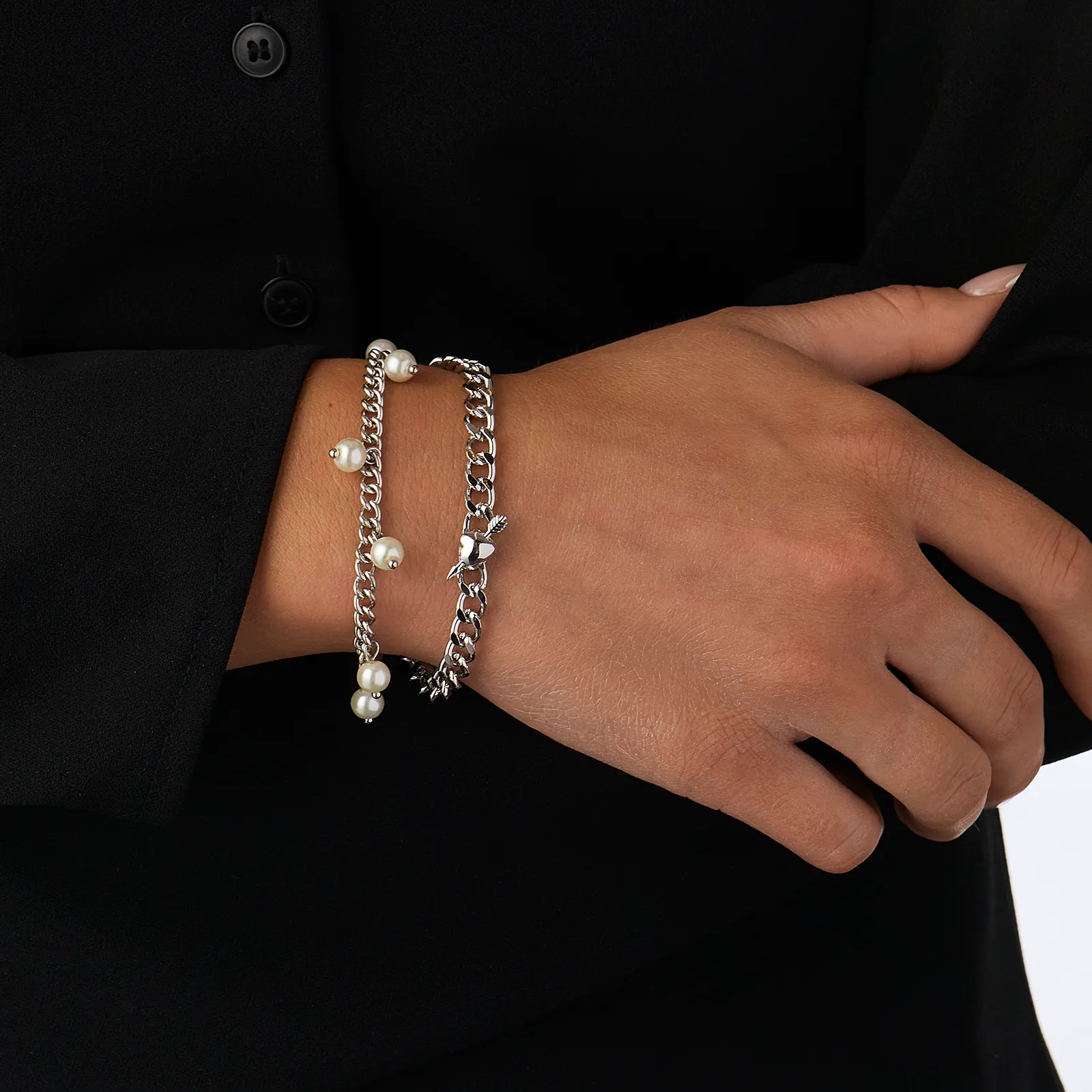 Silverfärgade armband, 2-pack pärlor och hjärta - 17+5 cm