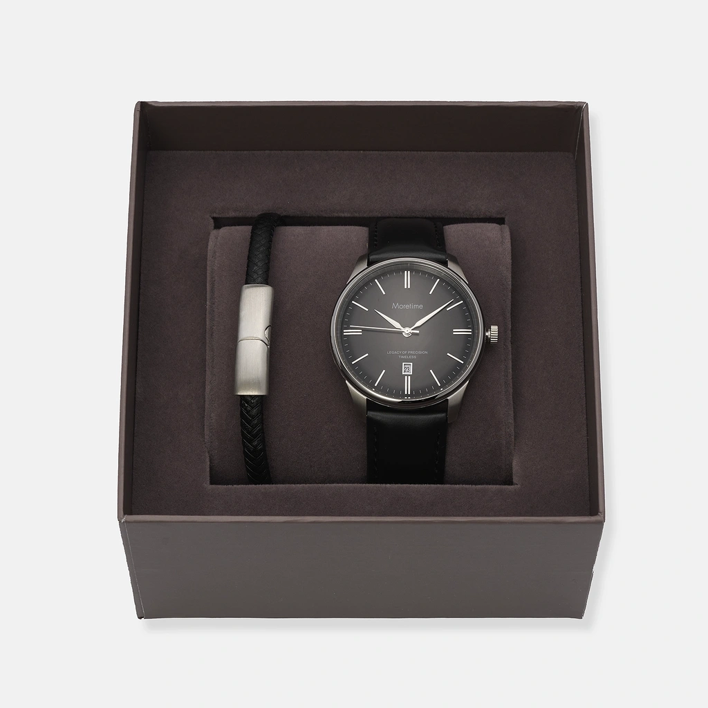 Moretime herrklocka svart/stål, läderband - MG1313-237