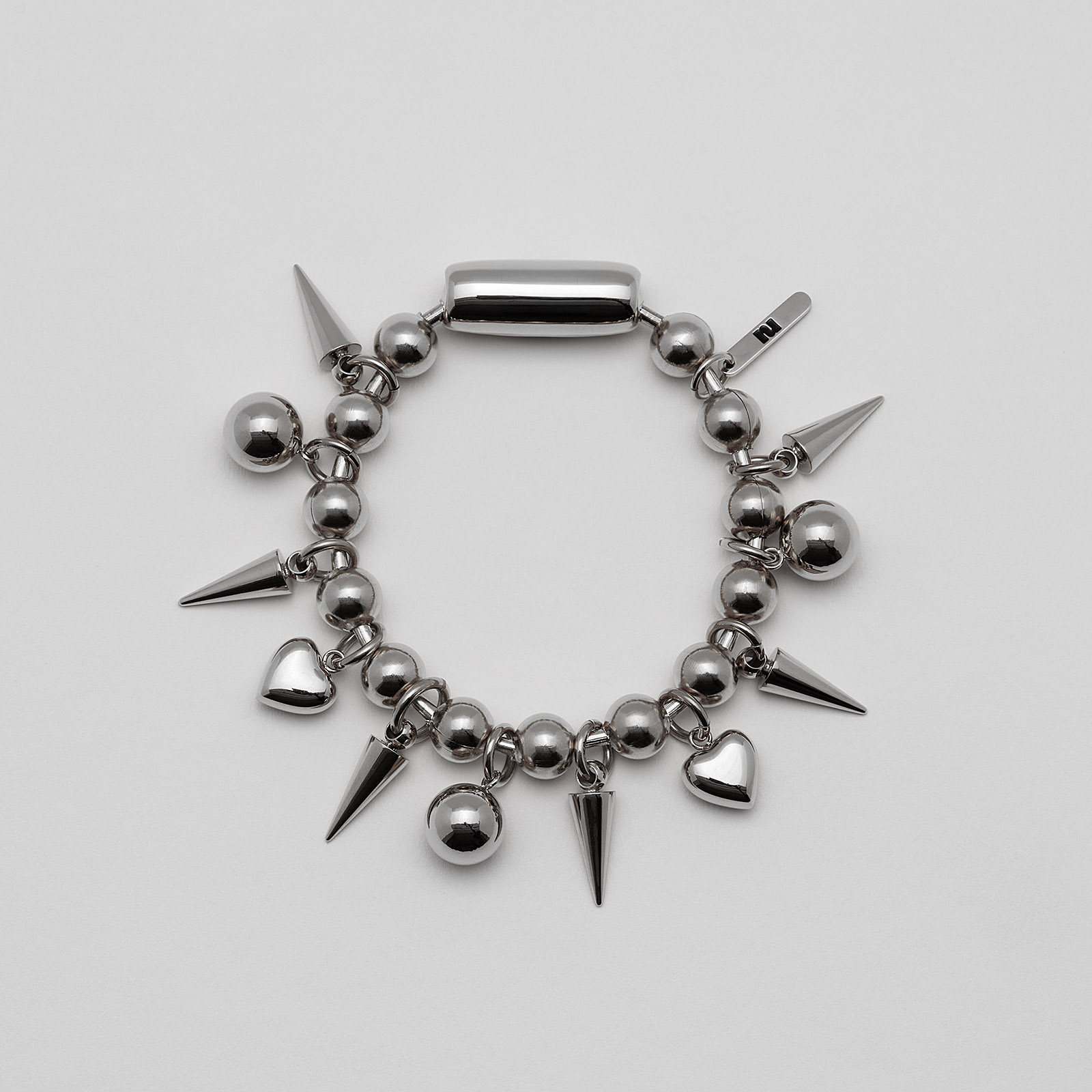 Armband stål, kularmband med kulor, hjärtan, spikes - 20,5 cm
