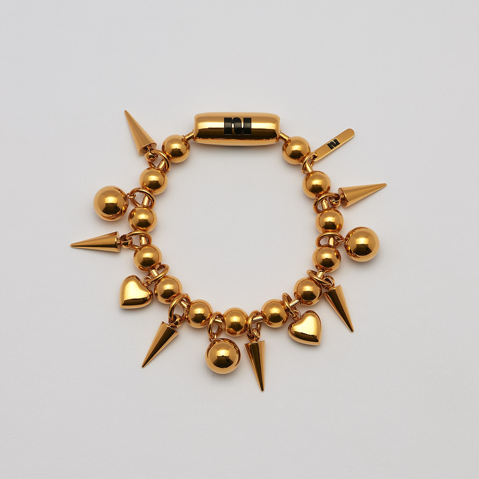 Armband guldpläterat stål, kulor, hjärtan, spikes - 18,5 cm
