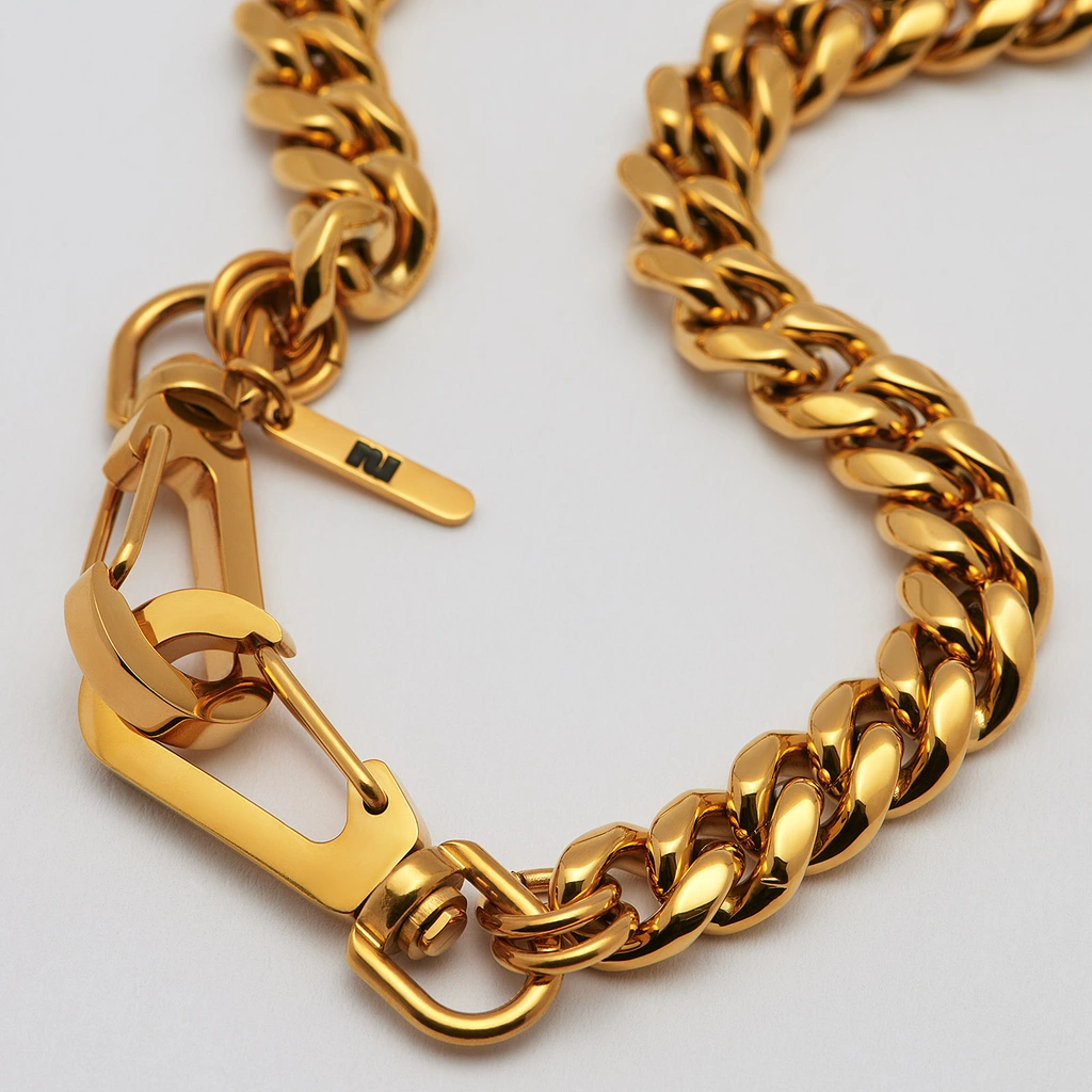 Halsband i guldpläterat stål, pansarlänk med hake - 10 mm x 43 cm