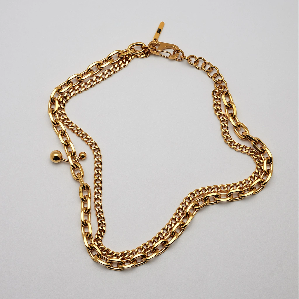 Halsband i  guldpläterat stål, dubbelkedja - 40+5 cm