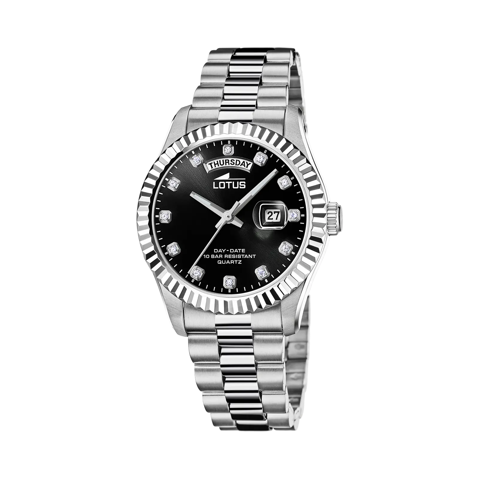 Lotus herrklocka -  dag/datum,  stål/svart, stenar, 41,5 mm