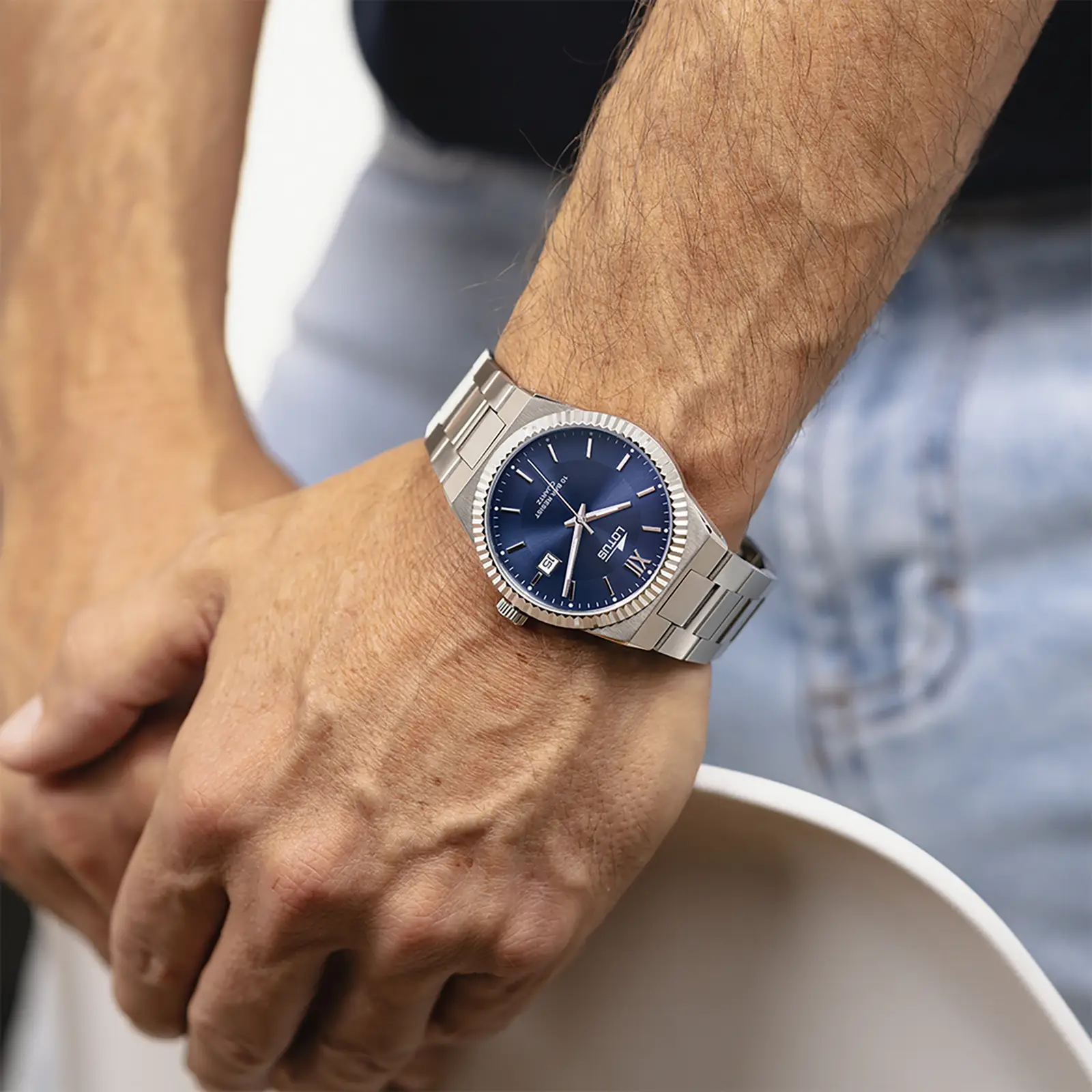 Lotus herrklocka -  metallband, datum, stål/blå, 40 mm
