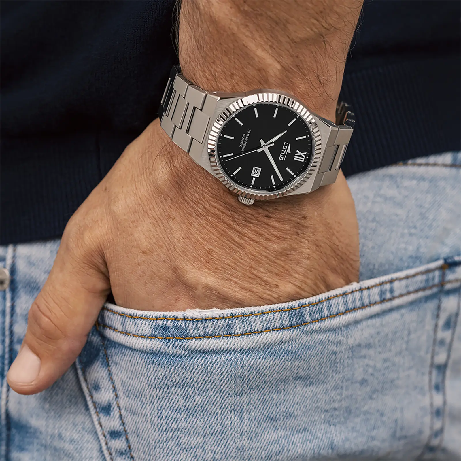 Lotus herrklocka -  metallband, datum, stål/svart, 40 mm