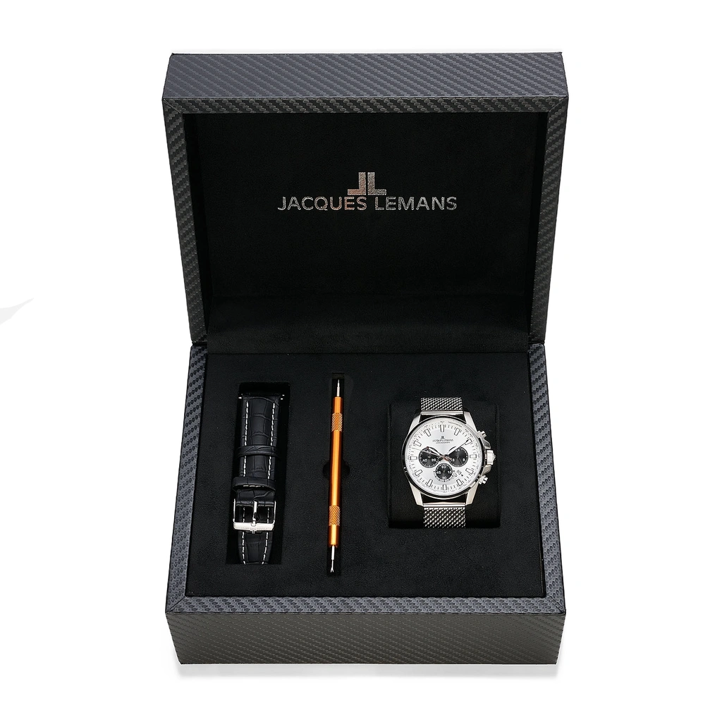 Jacques Lemans Liverpool herr vit/stål, mesh-länk - 1-1876K