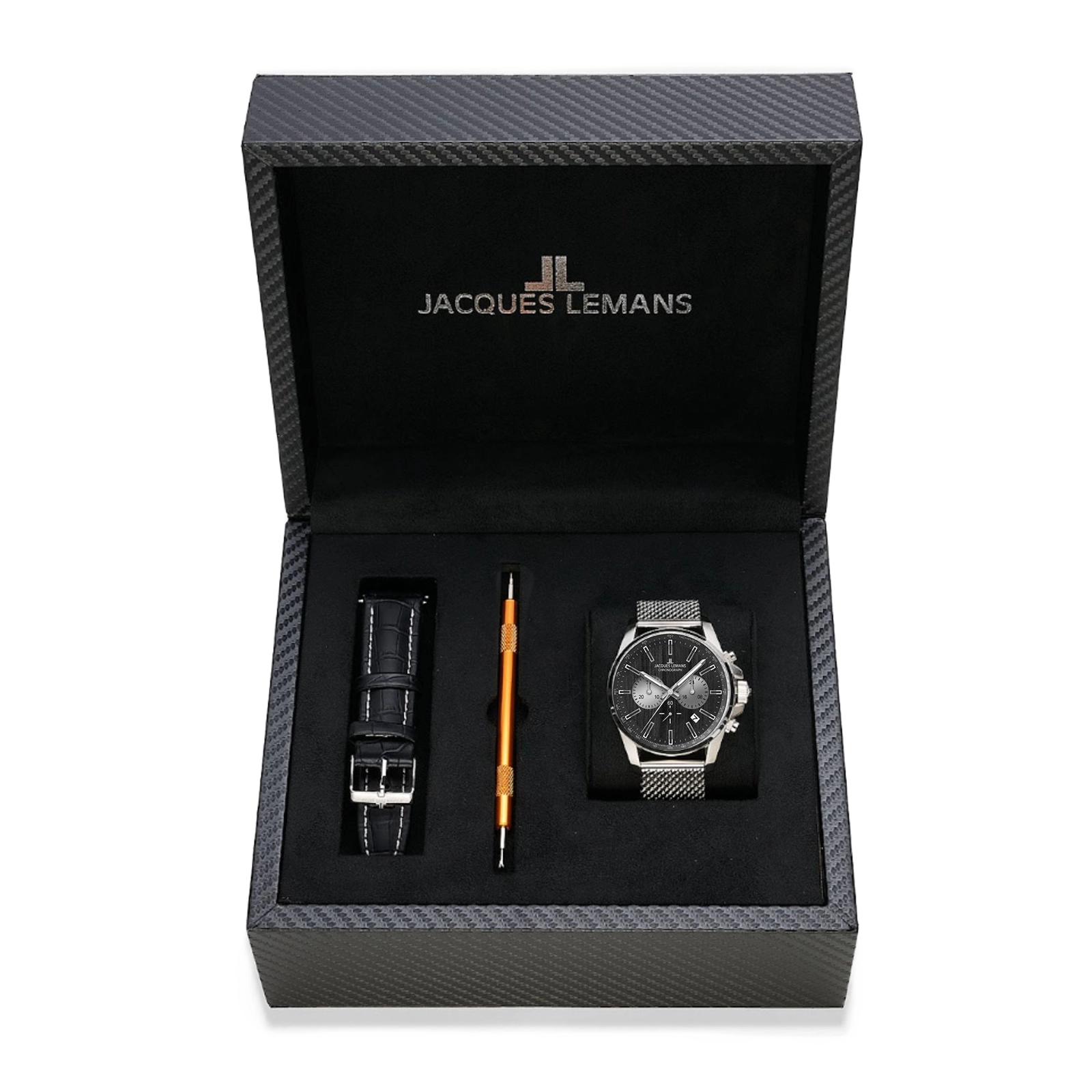 Jacques Lemans Liverpool herr svart/stål, mesh-länk - 1-1876D