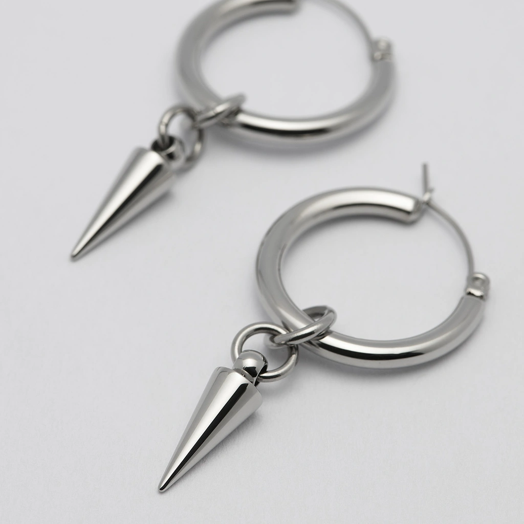 Örhängen stål, rund creol med hängande spike - 25 mm