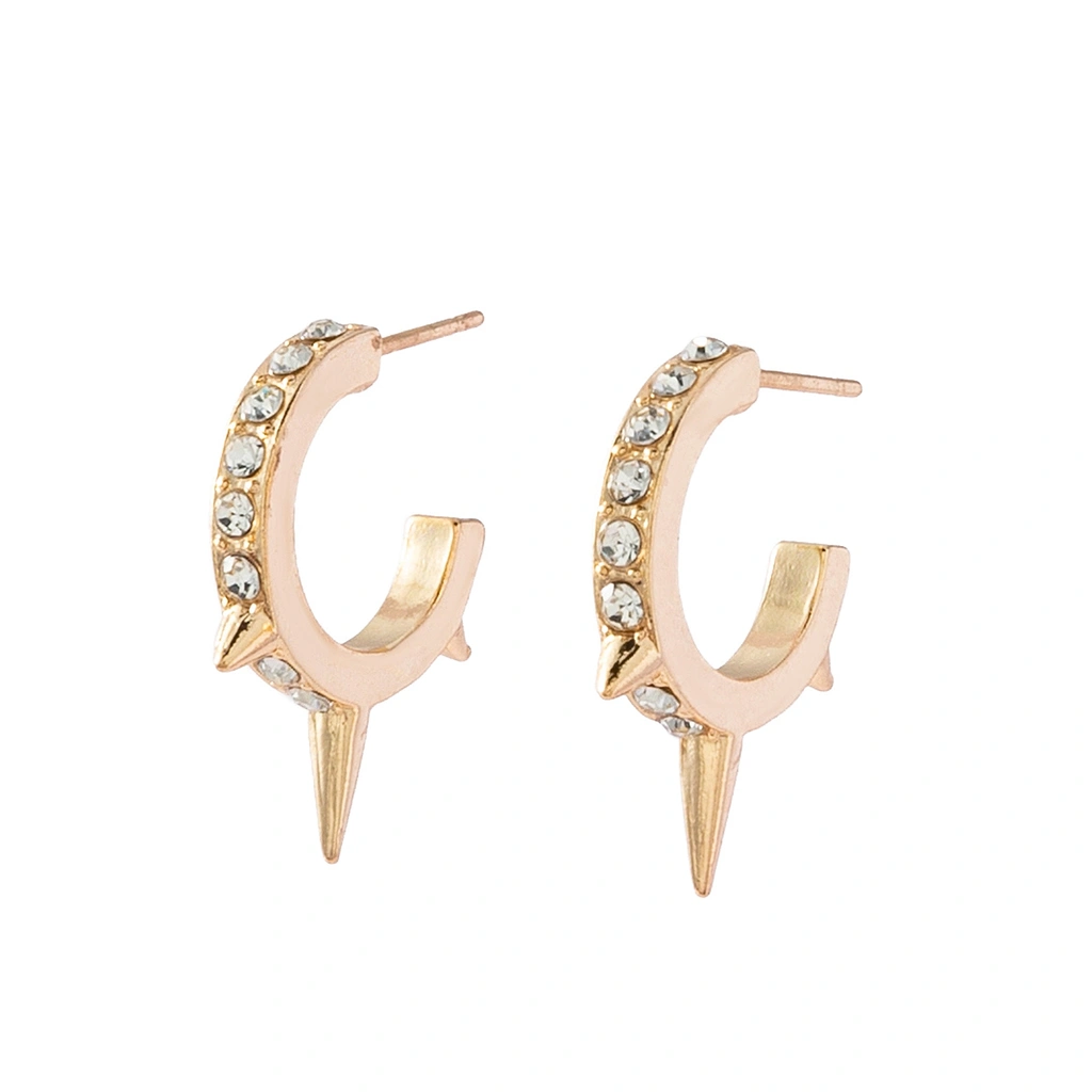 Guldfärgade örhängen hoops, tre piggar & glasstenar - 1cm