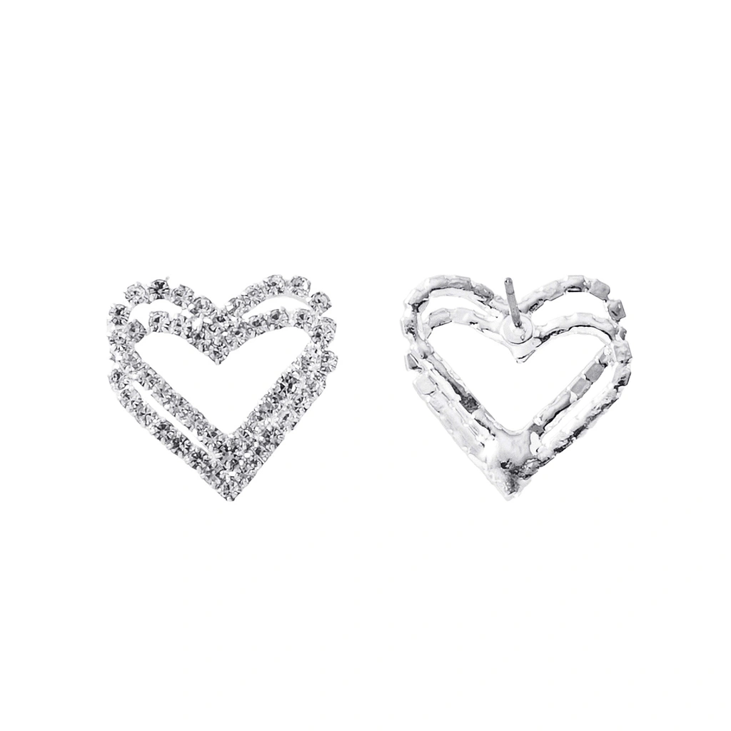 Silverfärgade örhängen, dubbla hjärtan med glasstenar - 2x2 cm