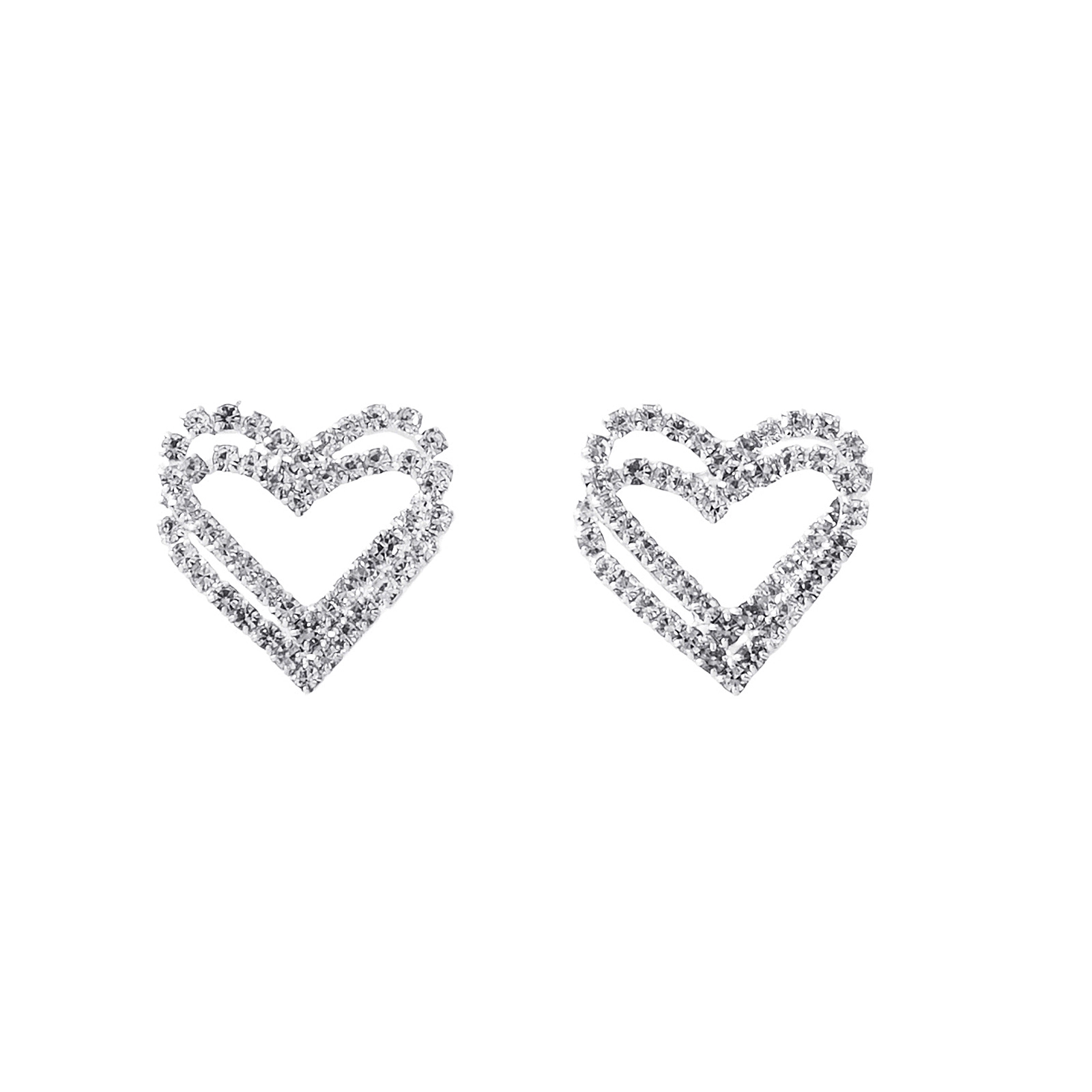 Silverfärgade örhängen, dubbla hjärtan med glasstenar - 2x2 cm