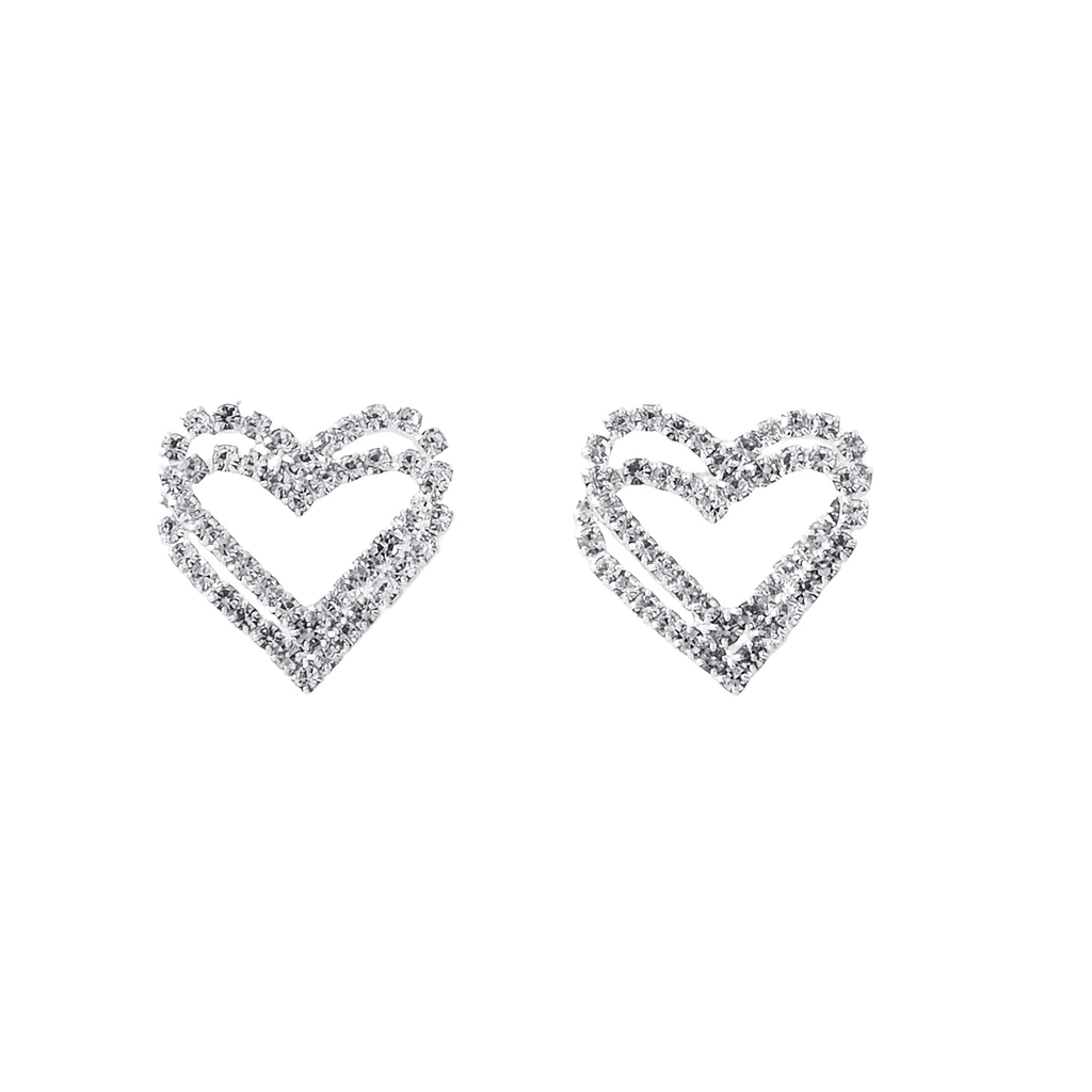 Silverfärgade örhängen, dubbla hjärtan med glasstenar - 2x2 cm