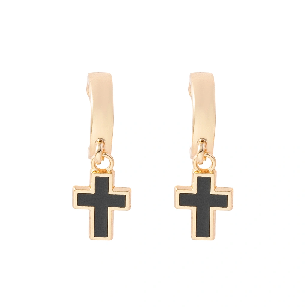 Guldfärgade örhängen hoops med svarta kors - 1x3 cm