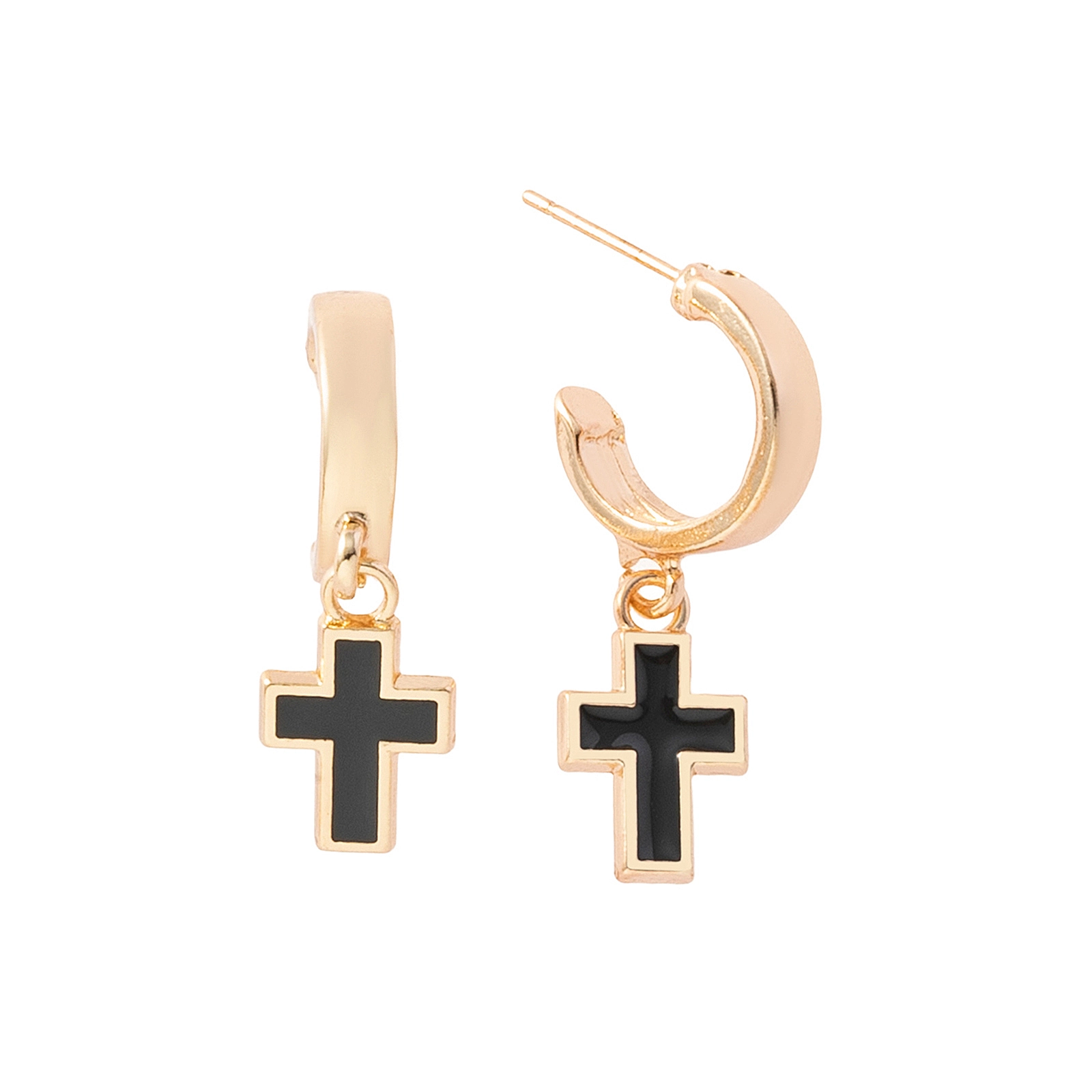 Guldfärgade örhängen hoops med svarta kors - 1x3 cm