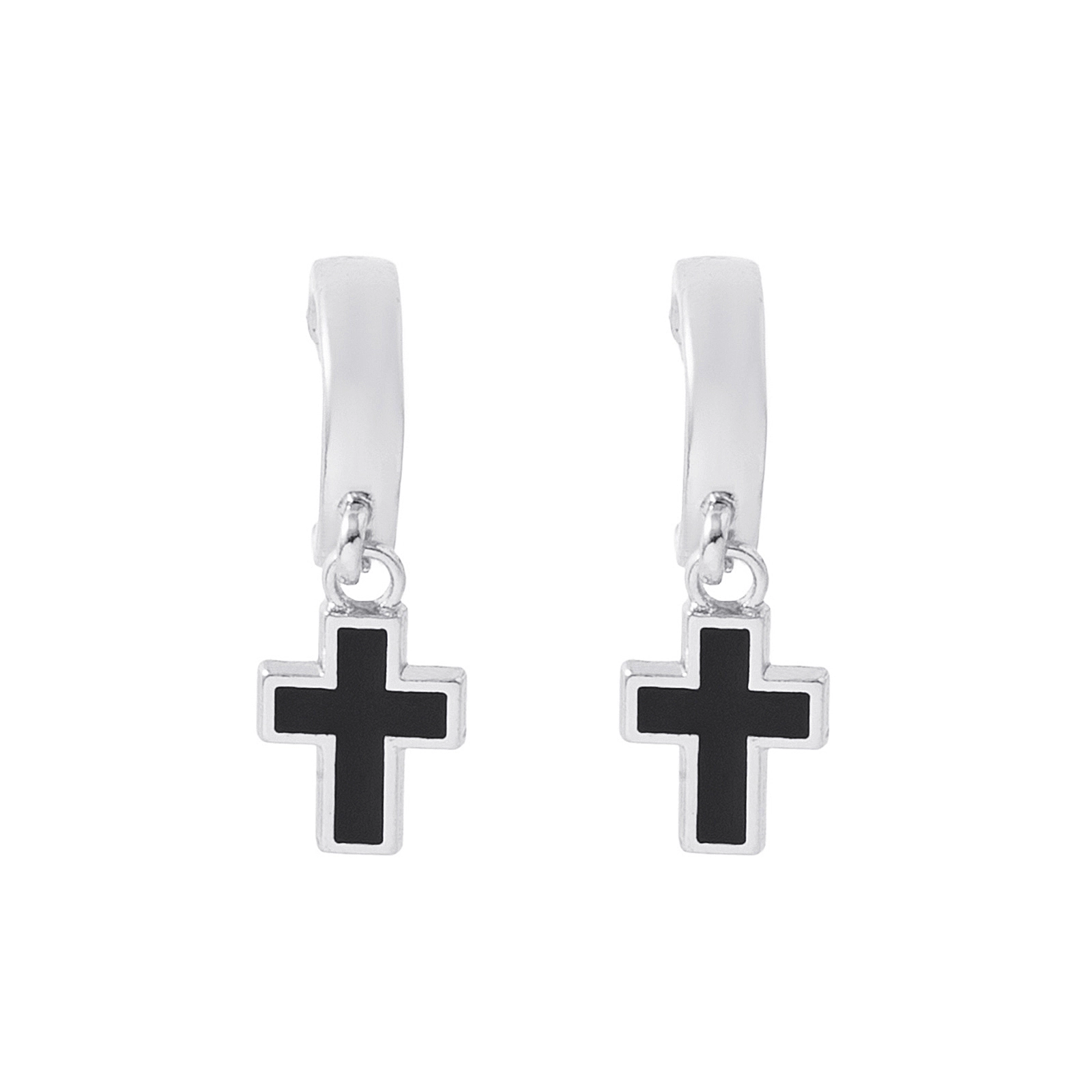 Silverfärgade örhängen hoops, svarta kors - 1x3 cm