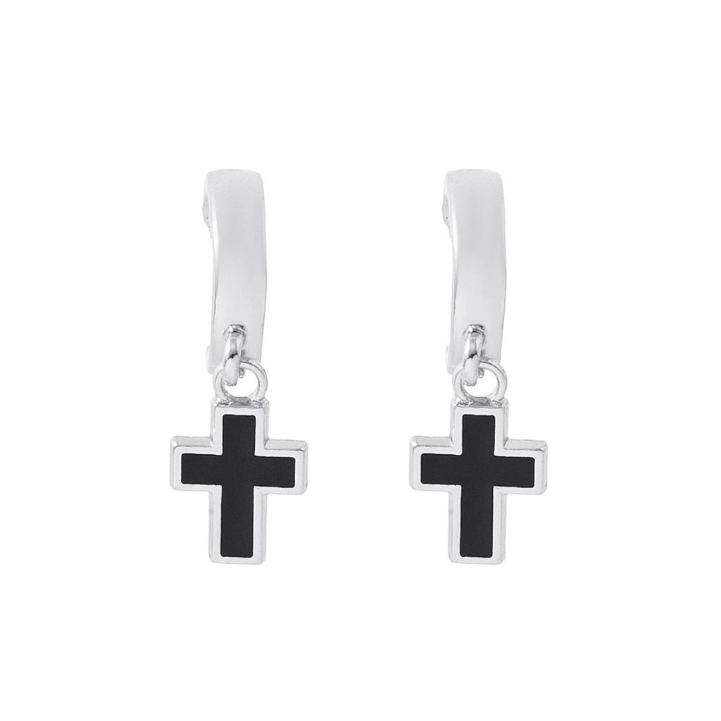 Silverfärgade örhängen hoops, svarta kors - 1x3 cm