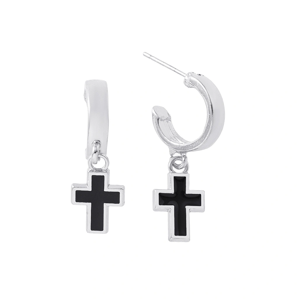 Silverfärgade örhängen hoops, svarta kors - 1x3 cm
