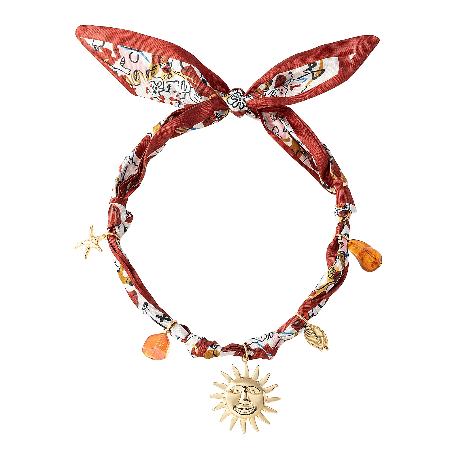 Guldfärgat halsband, mönstrad scarf med sol - 68 c