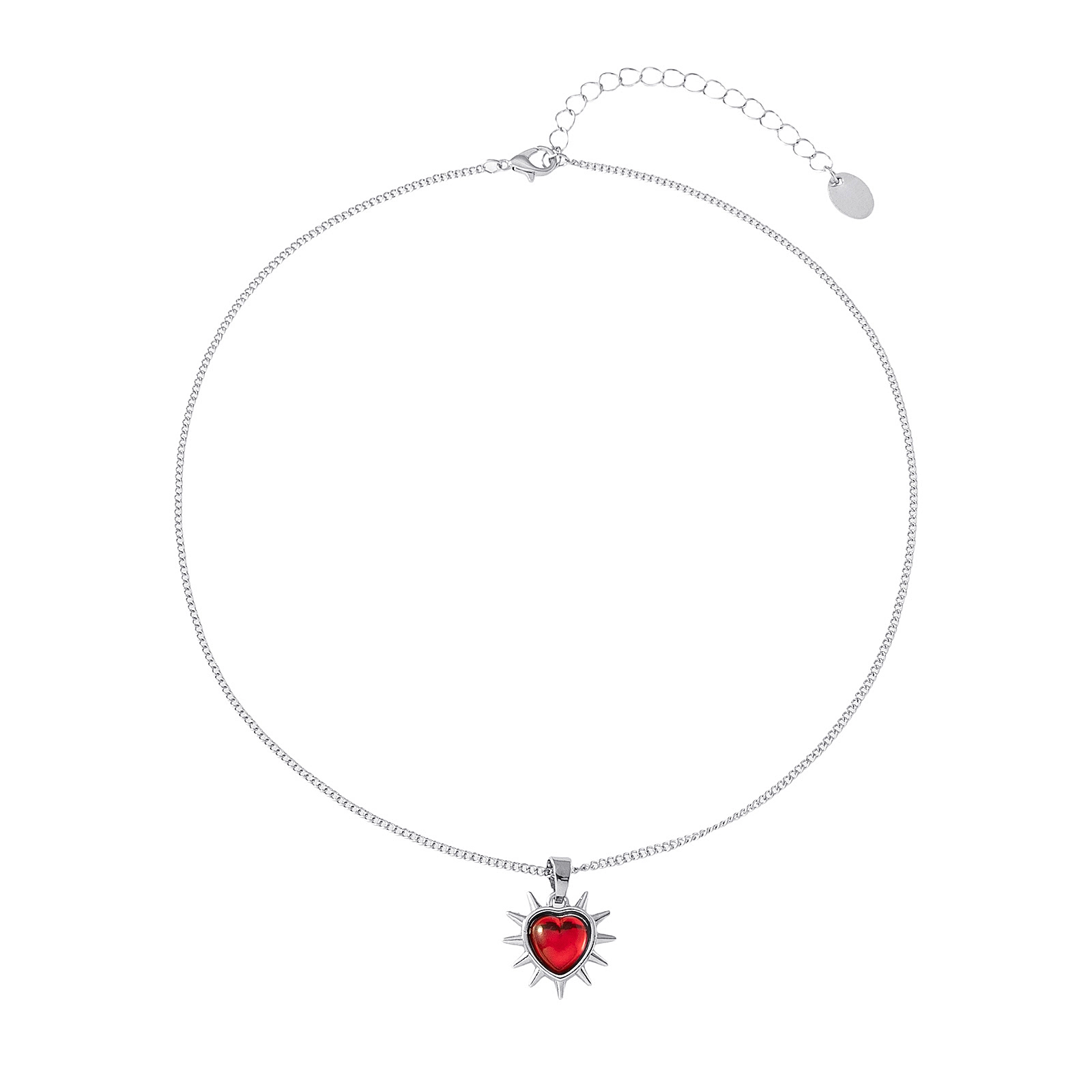 Silverfärgat halsband, rött hjärta med taggar - 42+7 cm