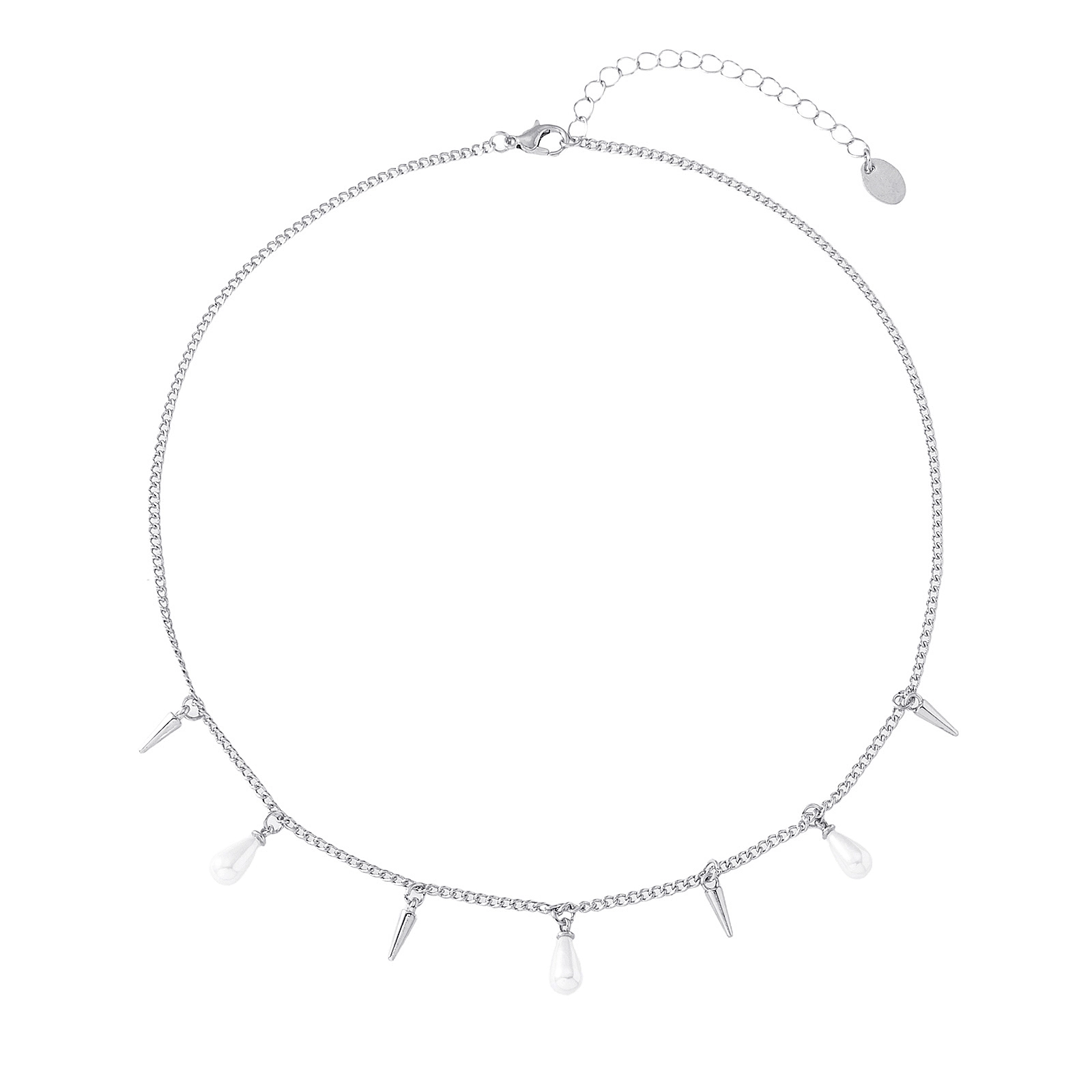 Silverfärgat halsband, pärldroppar och taggar - 42+5 cm