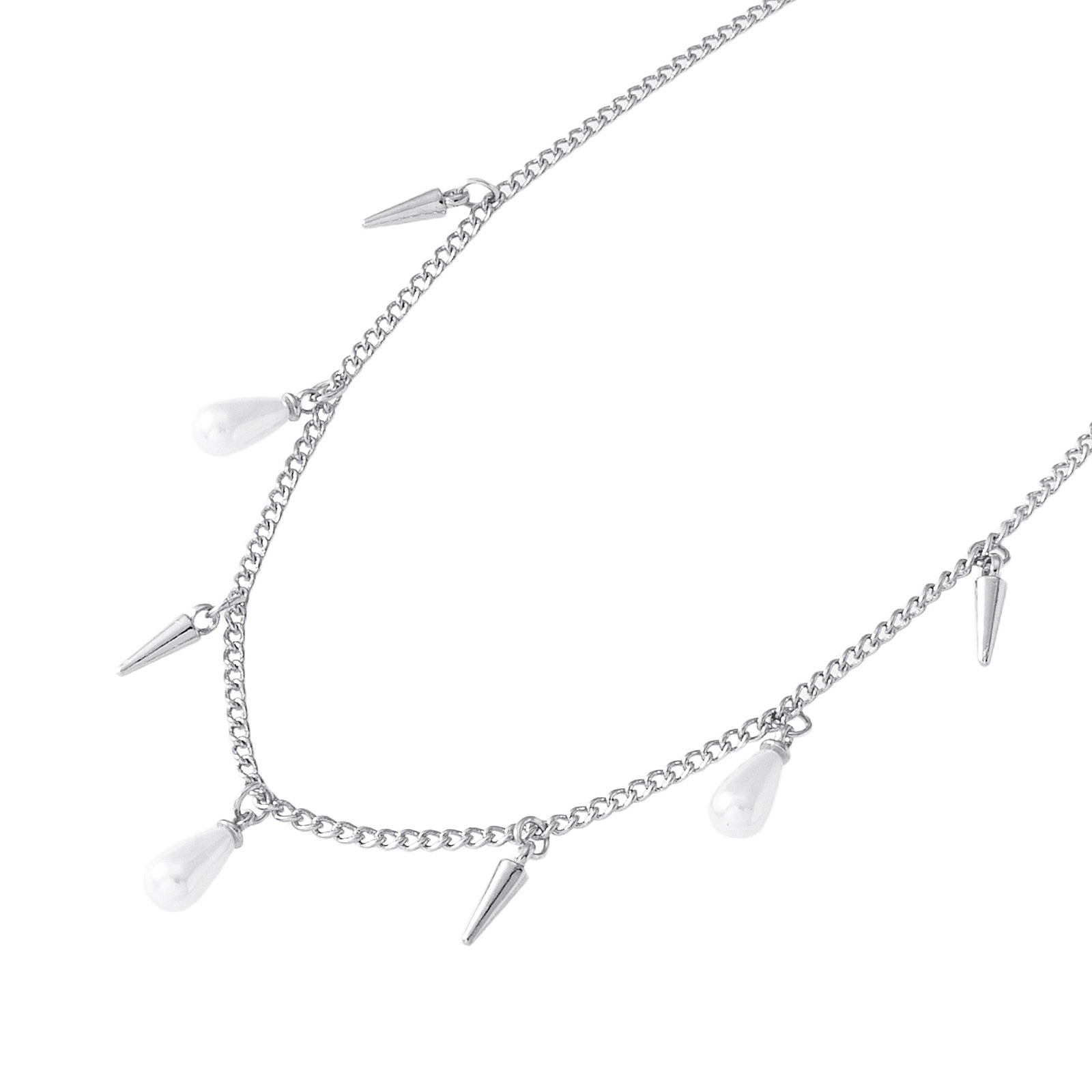 Silverfärgat halsband, pärldroppar och taggar - 42+5 cm