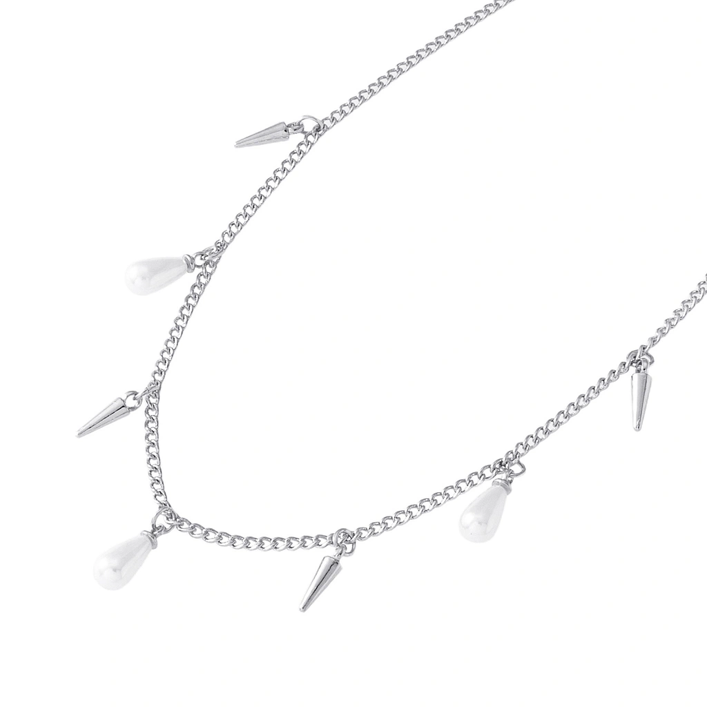 Silverfärgat halsband, pärldroppar och taggar - 42+5 cm