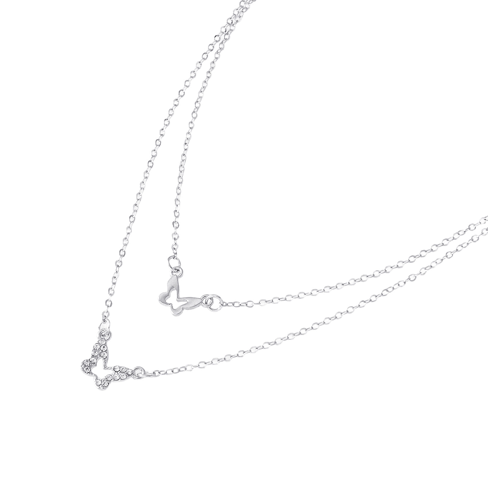 Silverfärgat halsband, dubbelradigt med fjärilar - 42+7 cm