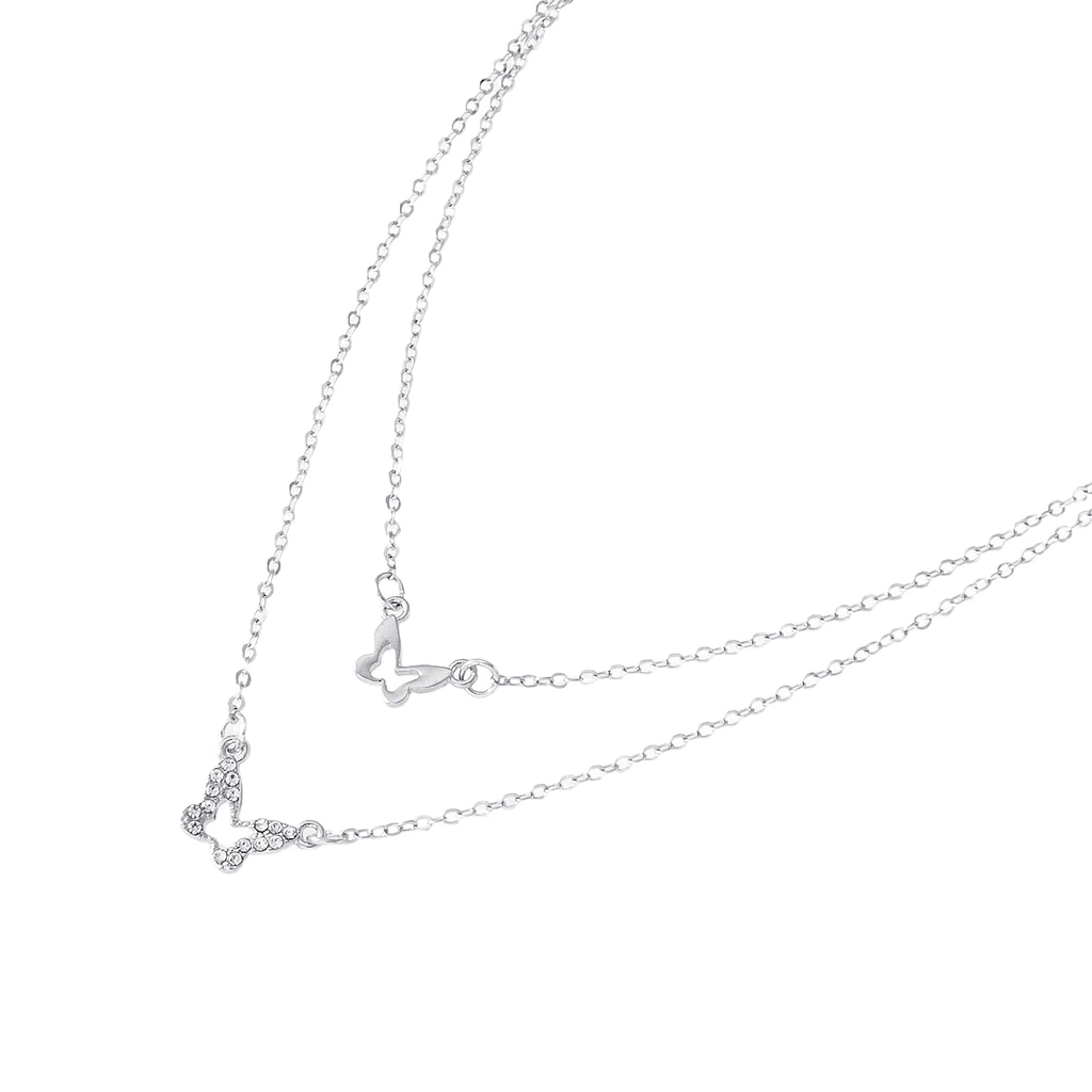 Silverfärgat halsband, dubbelradigt med fjärilar - 42+7 cm