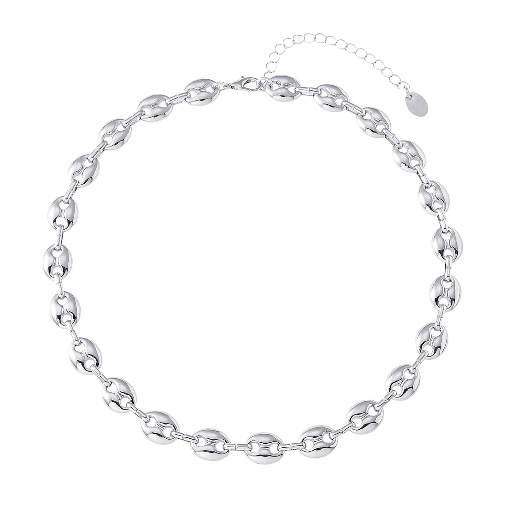 Silverfärgat halsband, kedja med kaffebönslänkar - 42+7 cm