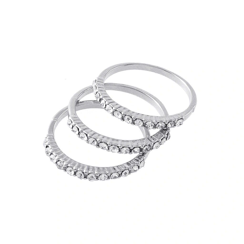 Silverfärgade ringar, 3-pack med glasstenar - Stl 18