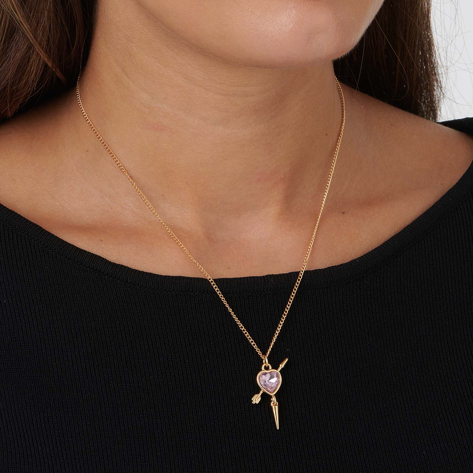 Guldfärgat halsband, rosa hjärta med nit - 42+7cm