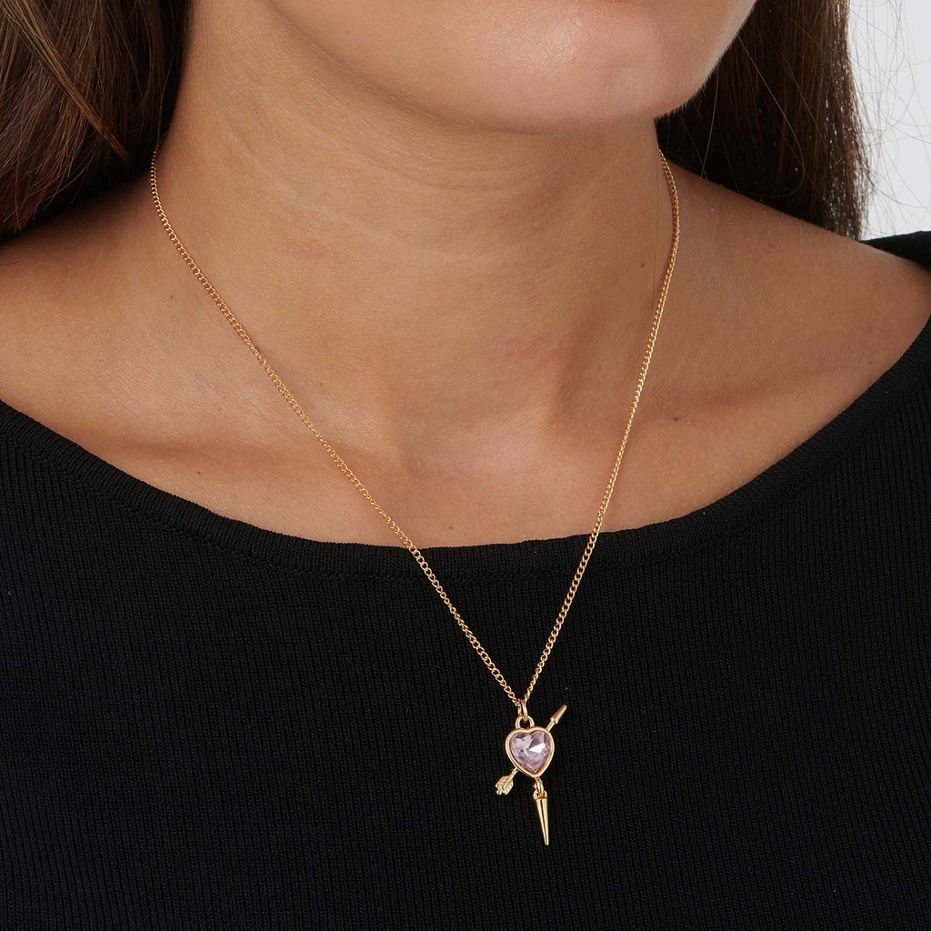 Guldfärgat halsband, rosa hjärta med nit - 42+7cm
