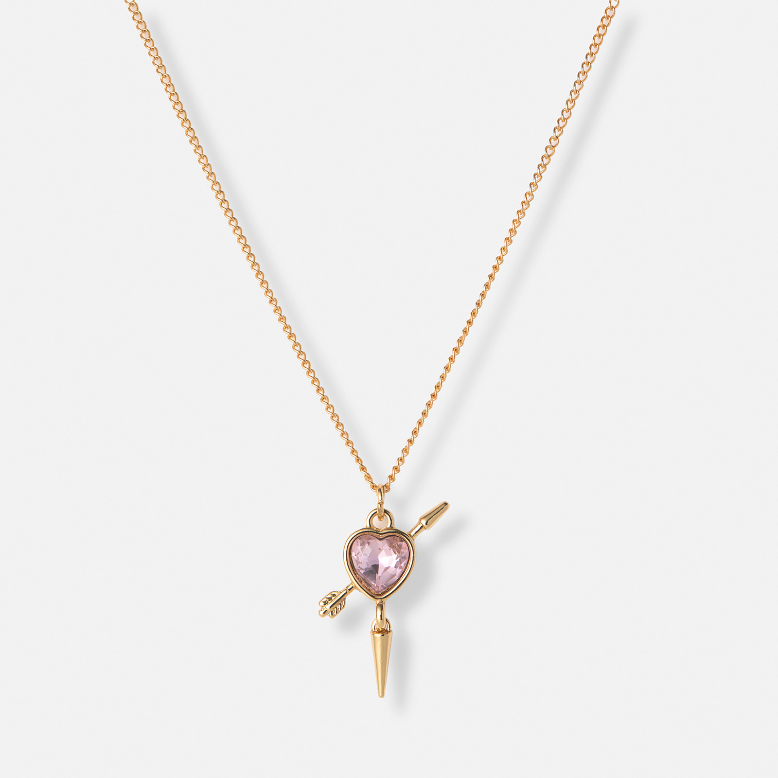 Guldfärgat halsband, rosa hjärta med nit - 42+7cm