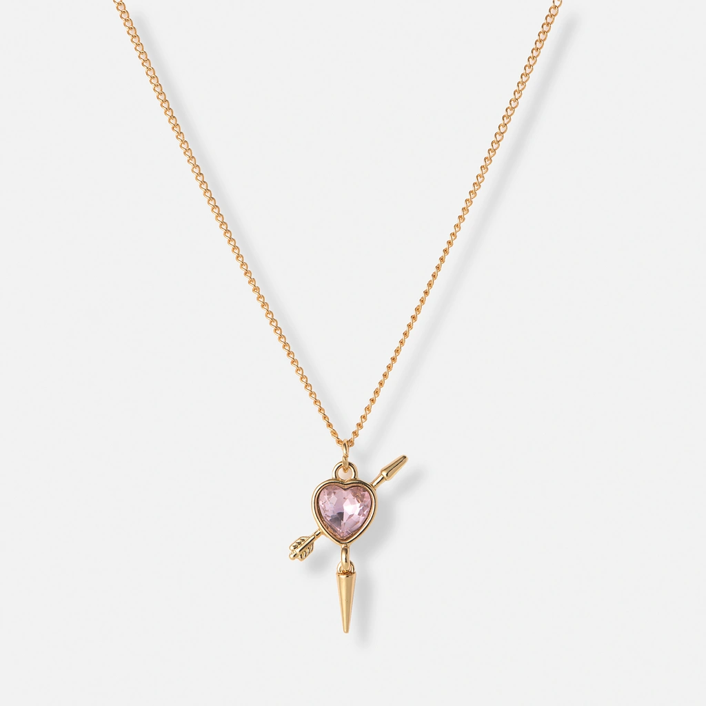Guldfärgat halsband, rosa hjärta med nit - 42+7cm