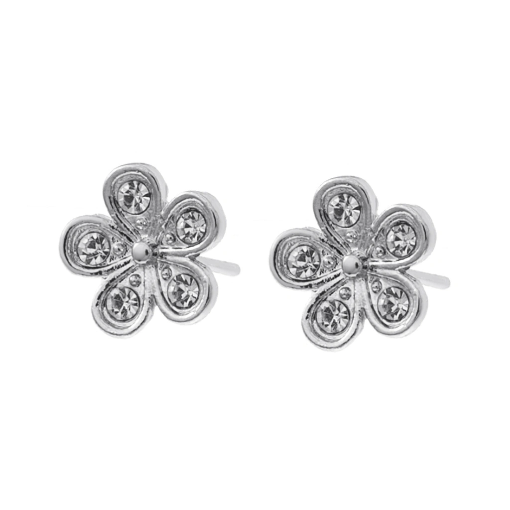 Silverfärgade örhängen, blomformade studs med stenar - 1x1 cm