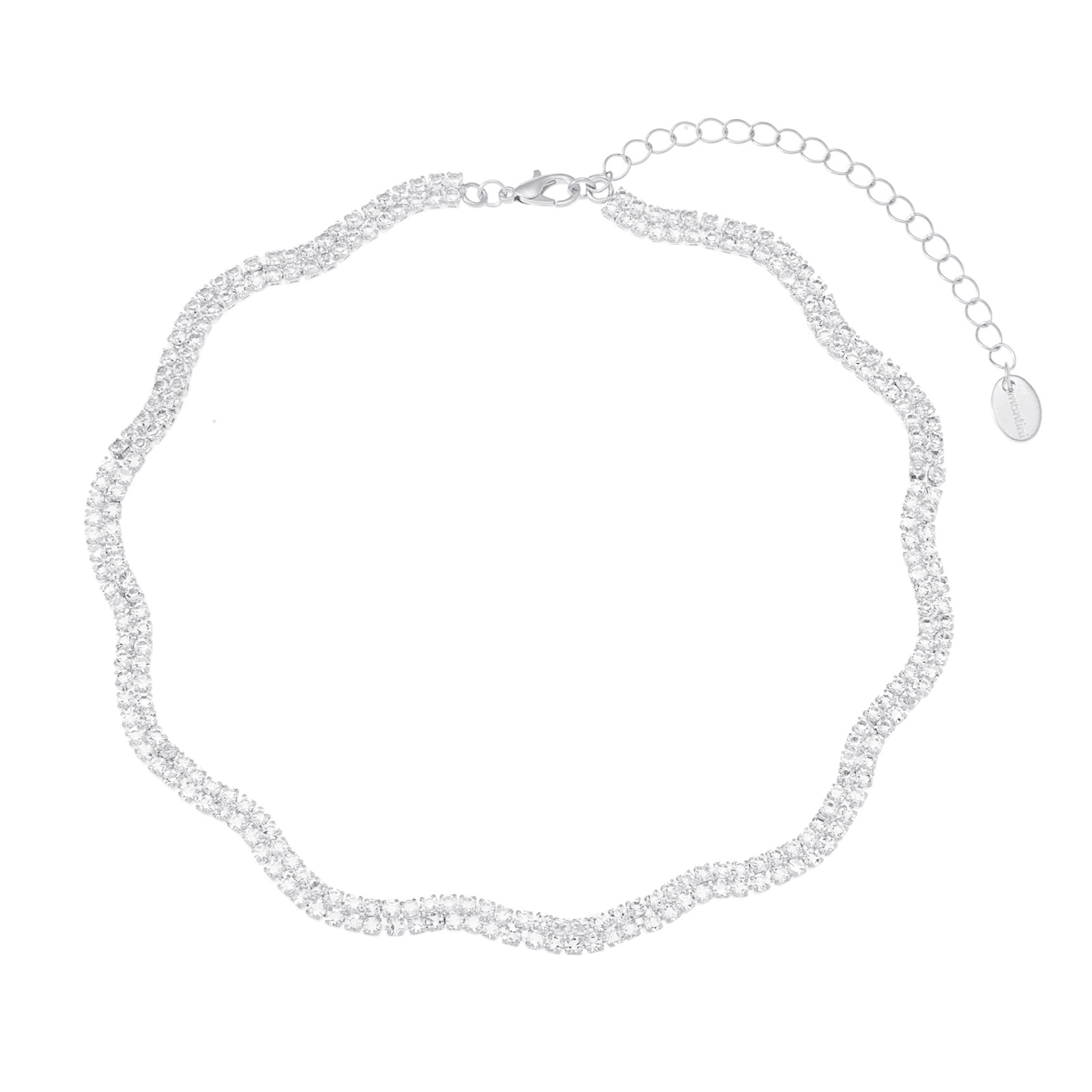 Silverfärgat halsband, vågig dubbelradig glaskristall - 42+7 cm