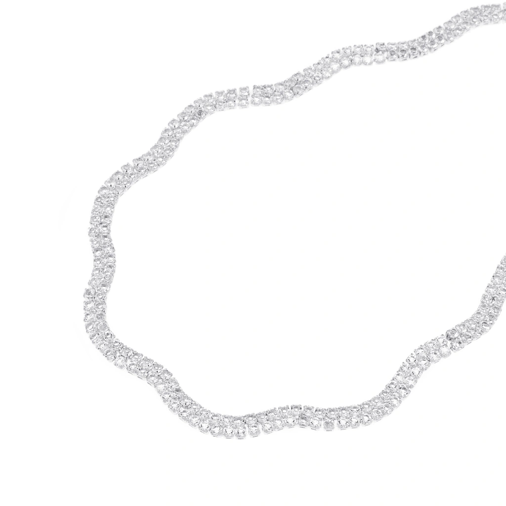 Silverfärgat halsband, vågig dubbelradig glaskristall - 42+7 cm