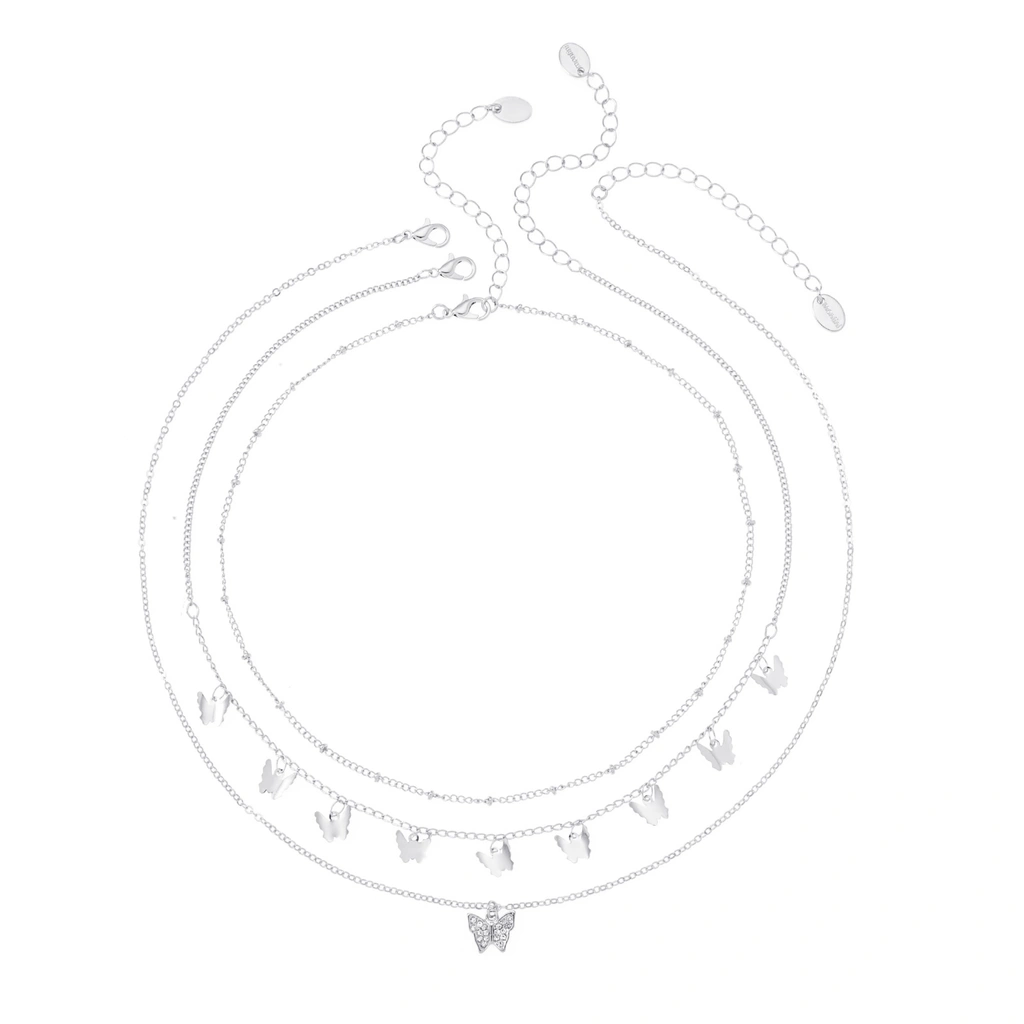 Silverfärgat halsband, 3-pack med fjärilar - 42+7 cm